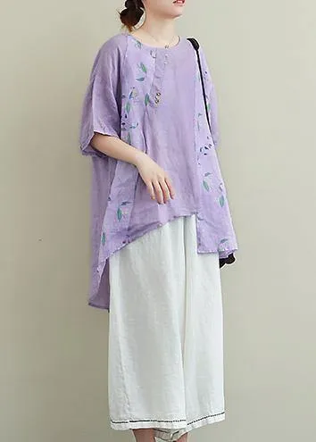 Literature and art ramie purple printed T-shirt female loose cotton and linen nine points wide leg pants two-piece suit