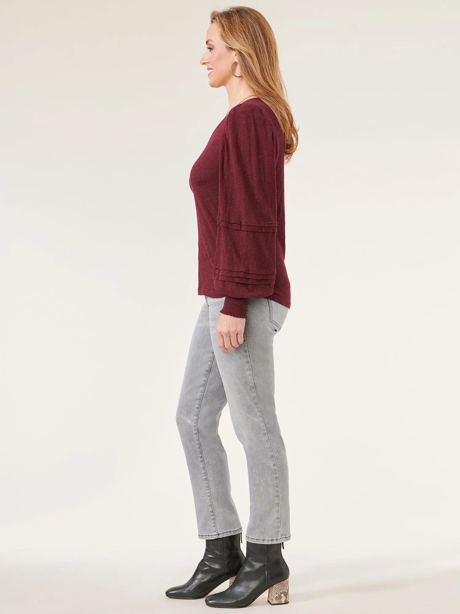 Long Blouson Sleeve Sweetheart Neck Knit Top