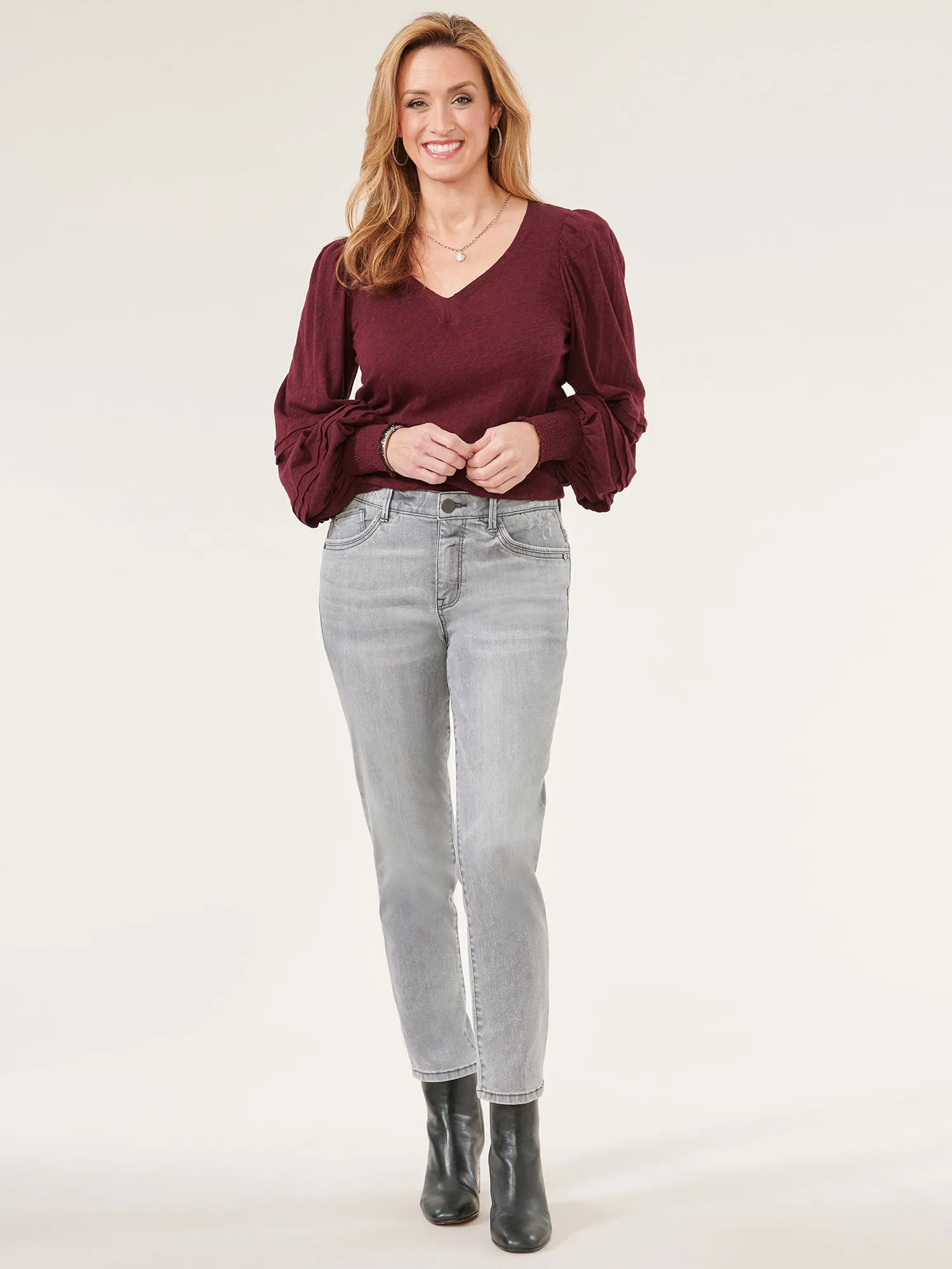 Long Blouson Sleeve Sweetheart Neck Knit Top