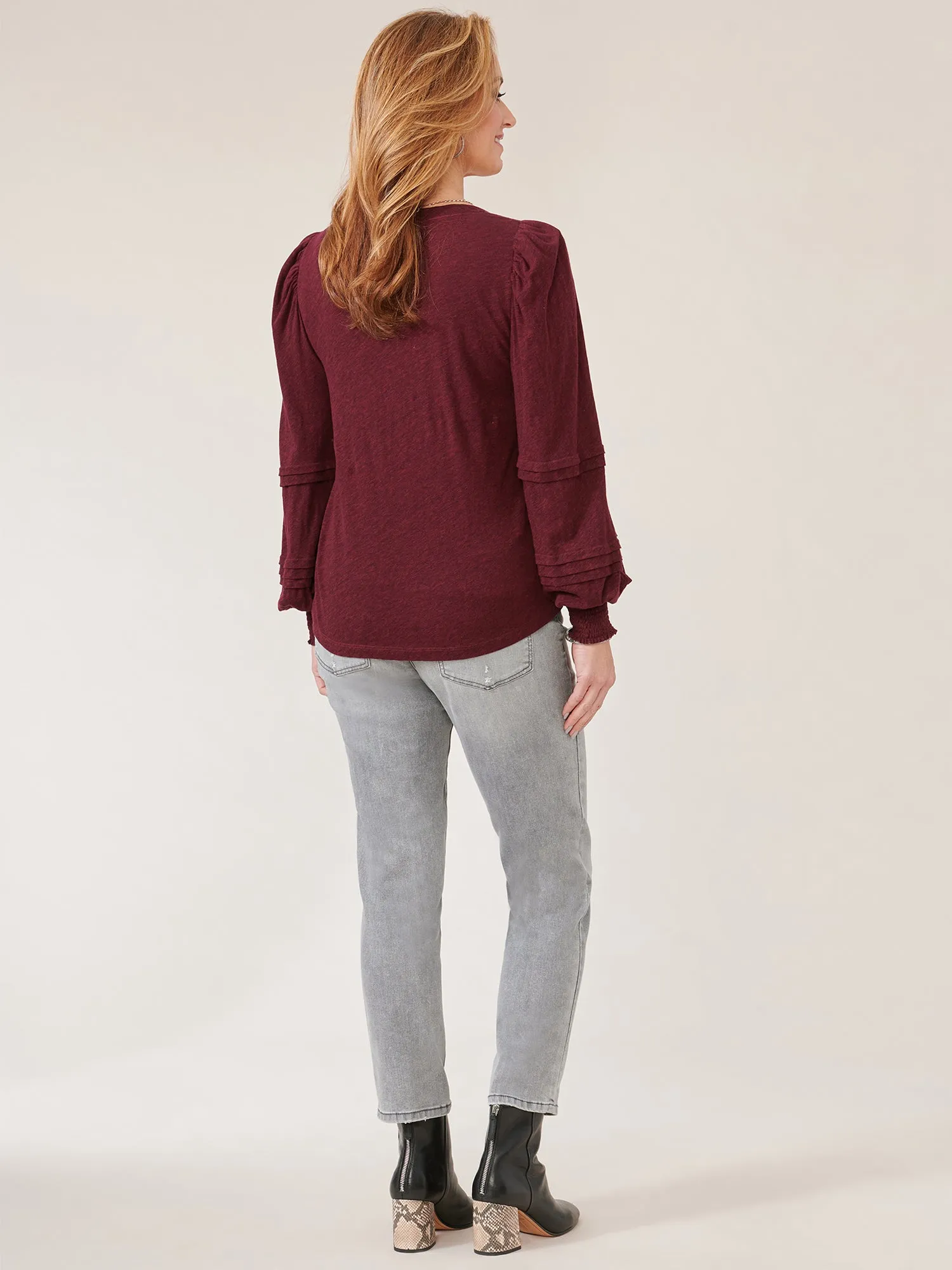 Long Blouson Sleeve Sweetheart Neck Knit Top