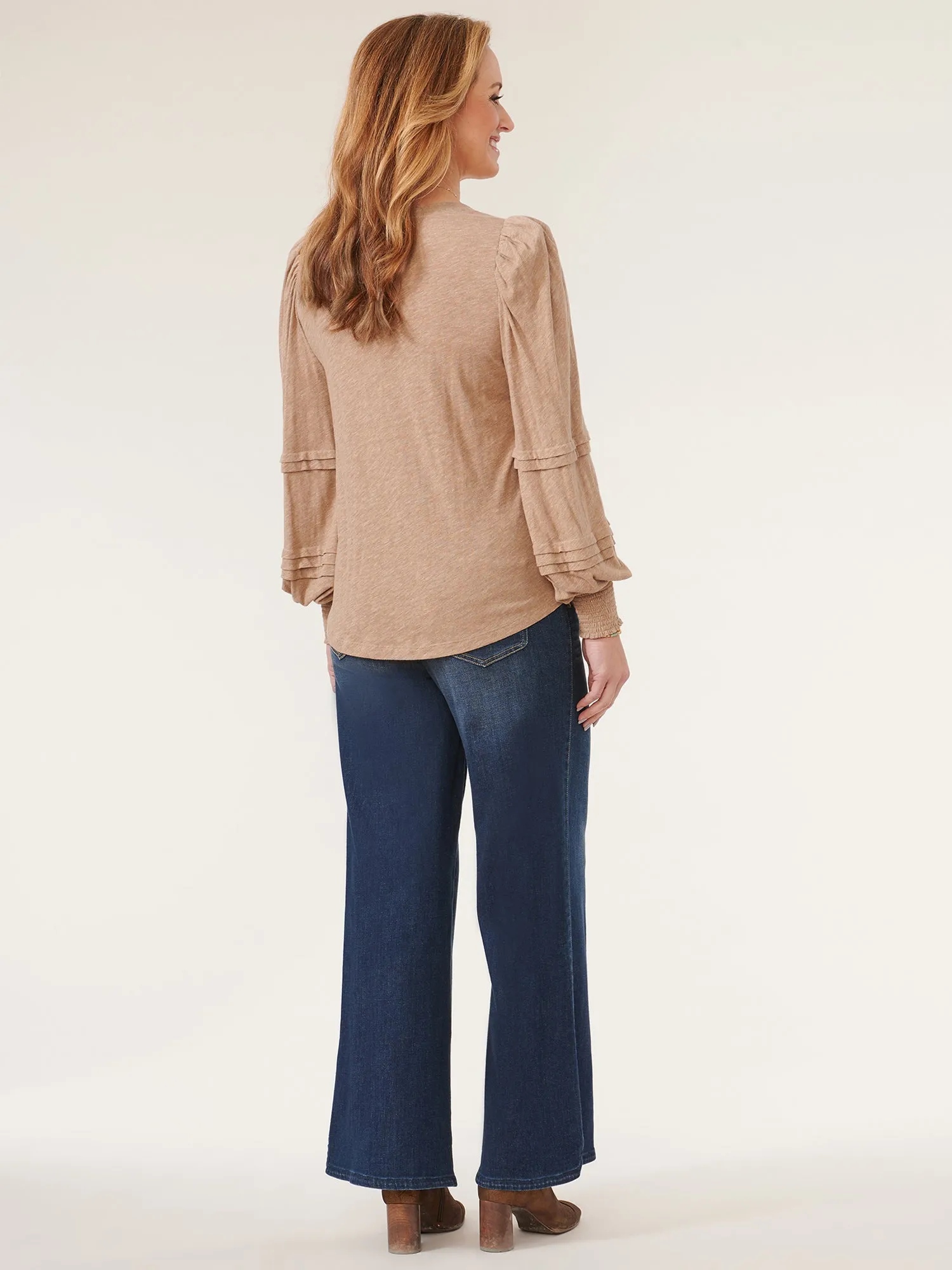 Long Blouson Sleeve Sweetheart Neck Knit Top