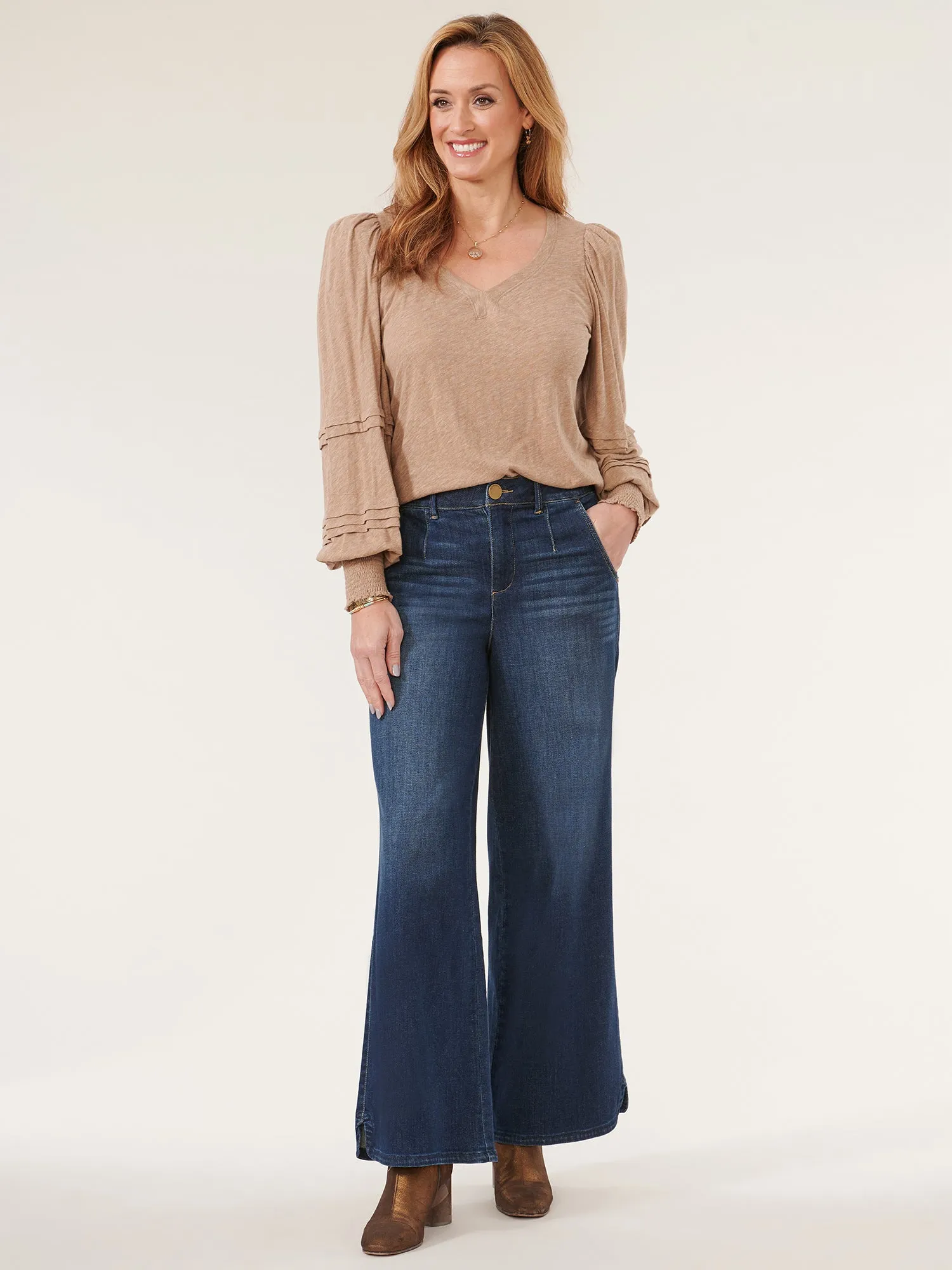 Long Blouson Sleeve Sweetheart Neck Knit Top