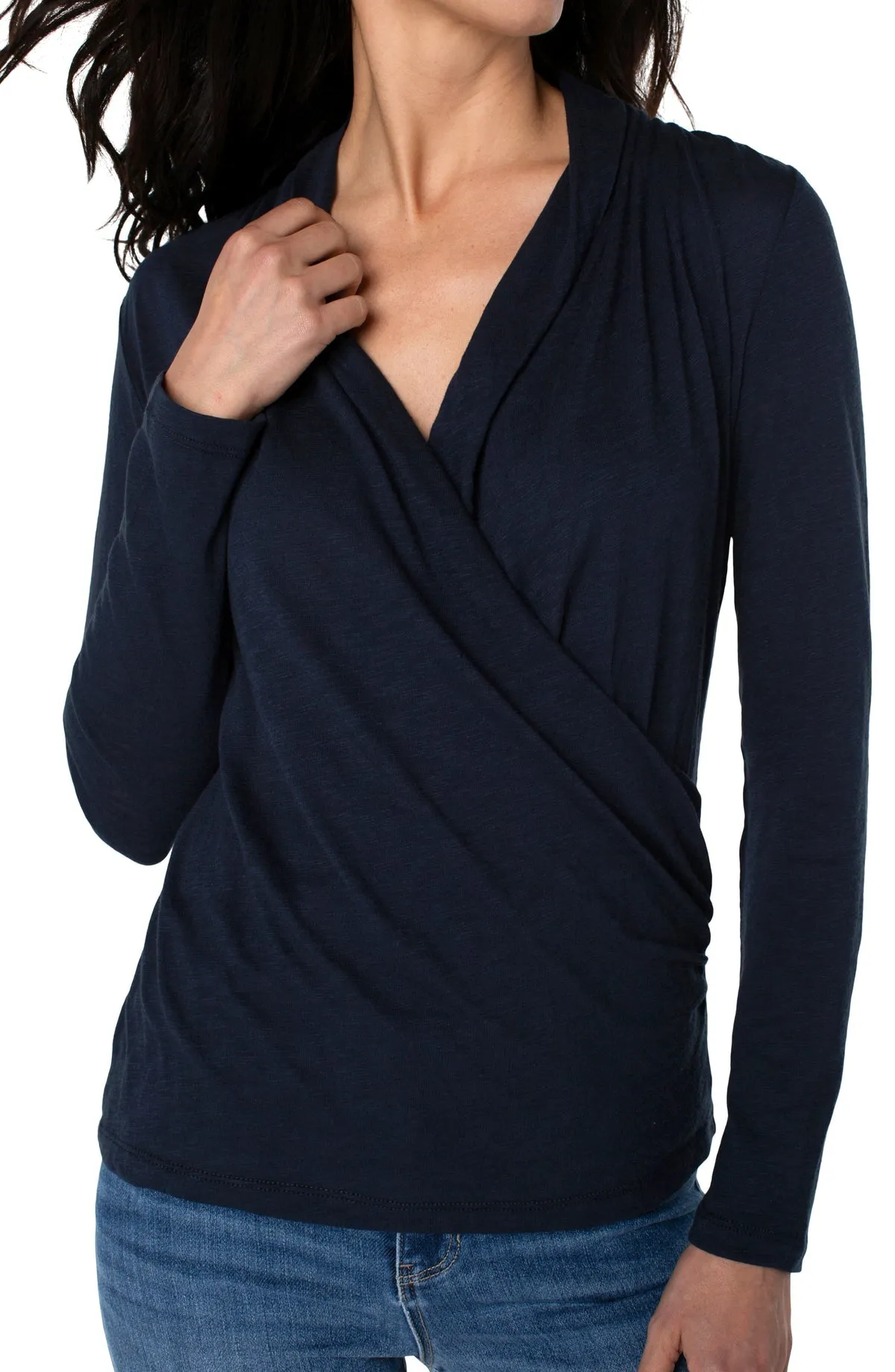 Long Sleeve Wrap Front Slub Knit - Navy Beats