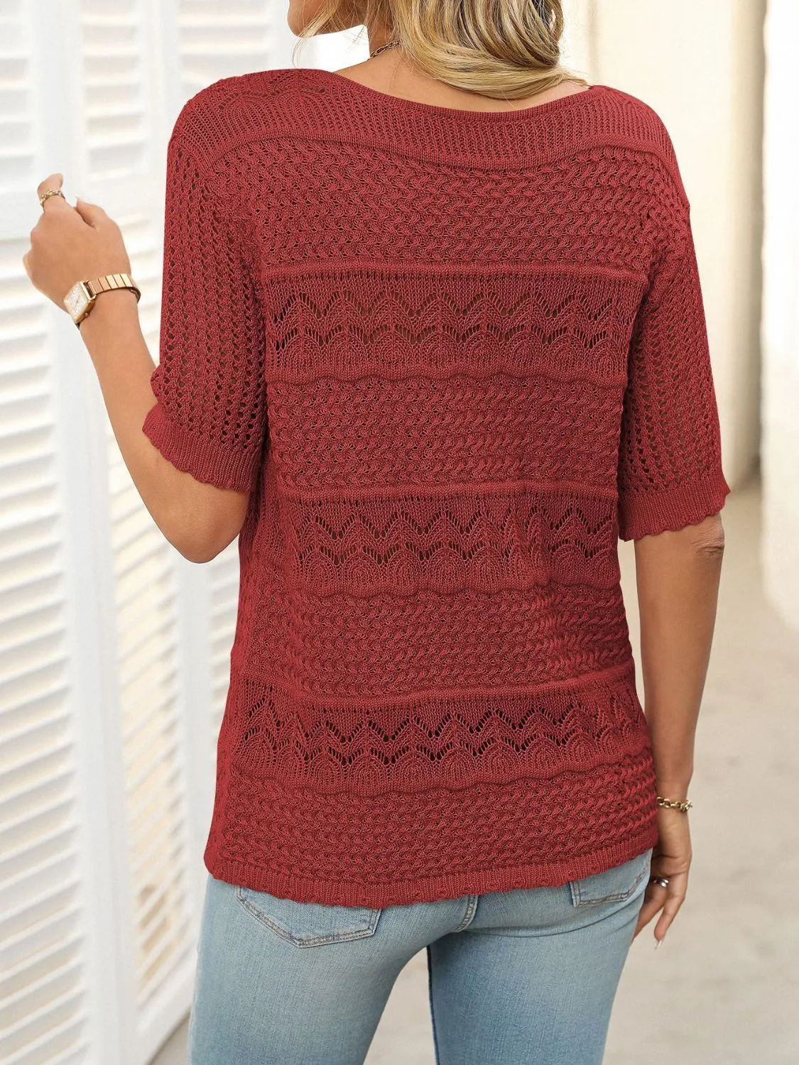 Mandy Openwork Round Neck Half Sleeve Knit Top