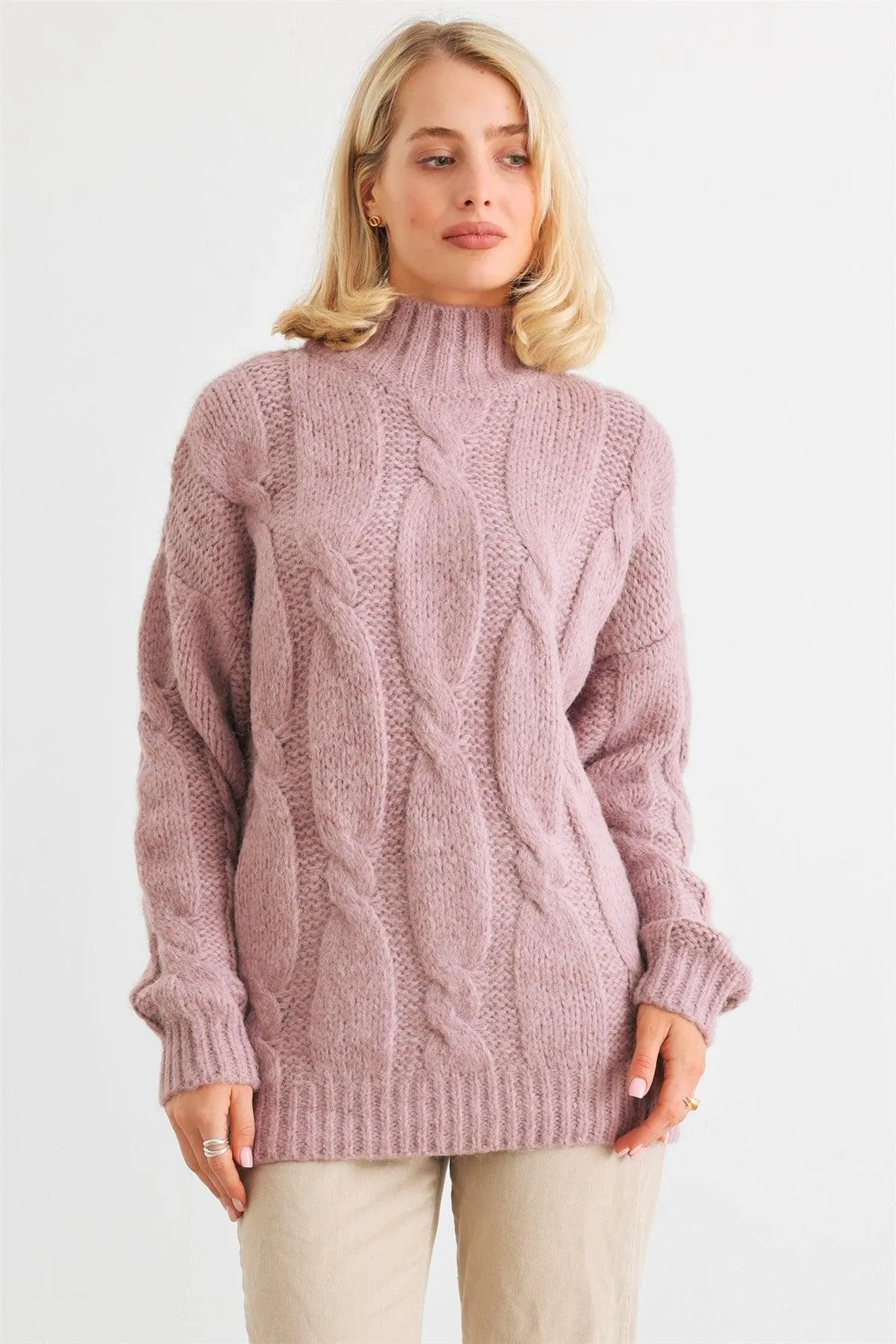 Mauve Cable Knit Turtle Neck Long Sleeve Sweater /2-2-2