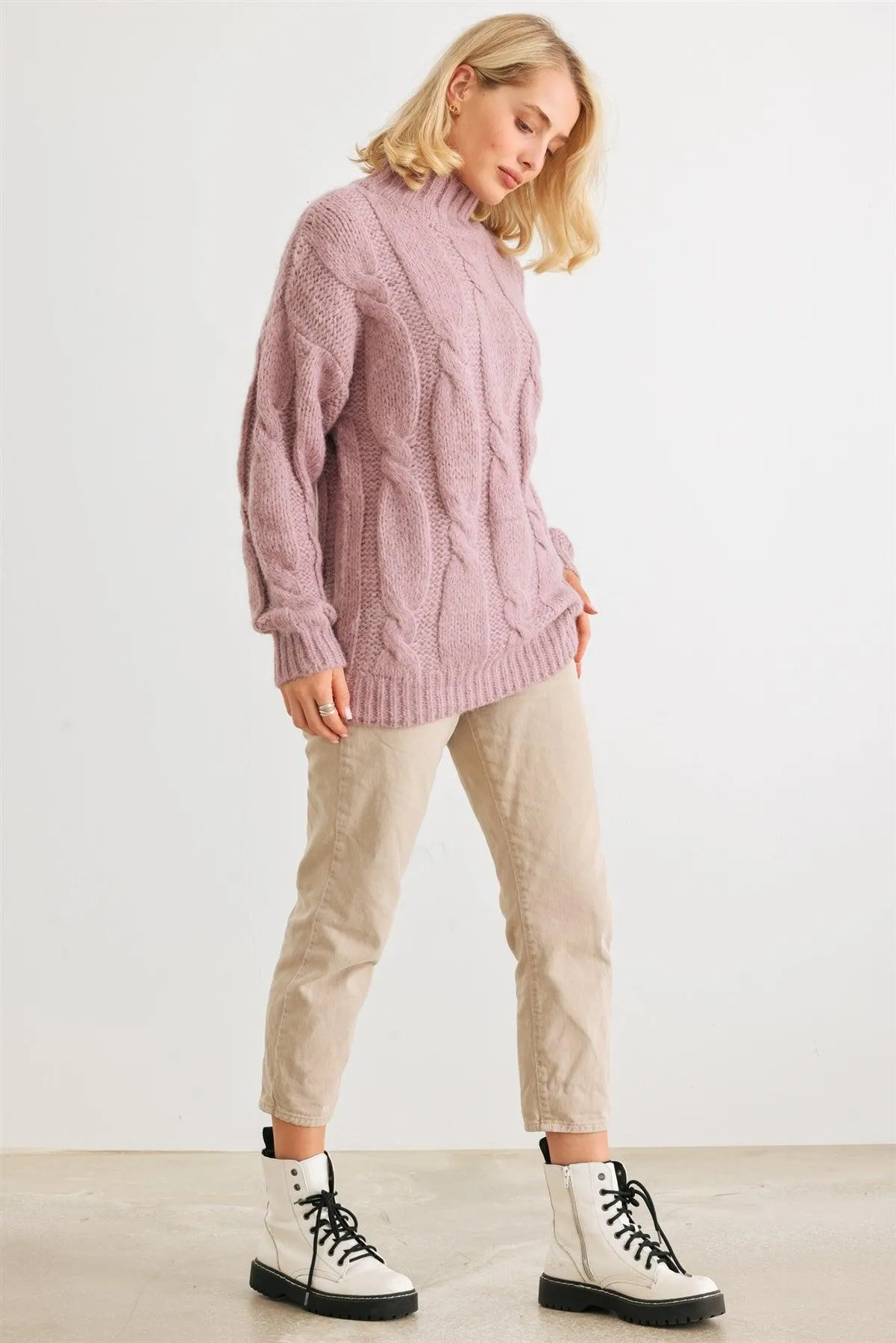 Mauve Cable Knit Turtle Neck Long Sleeve Sweater /2-2-2