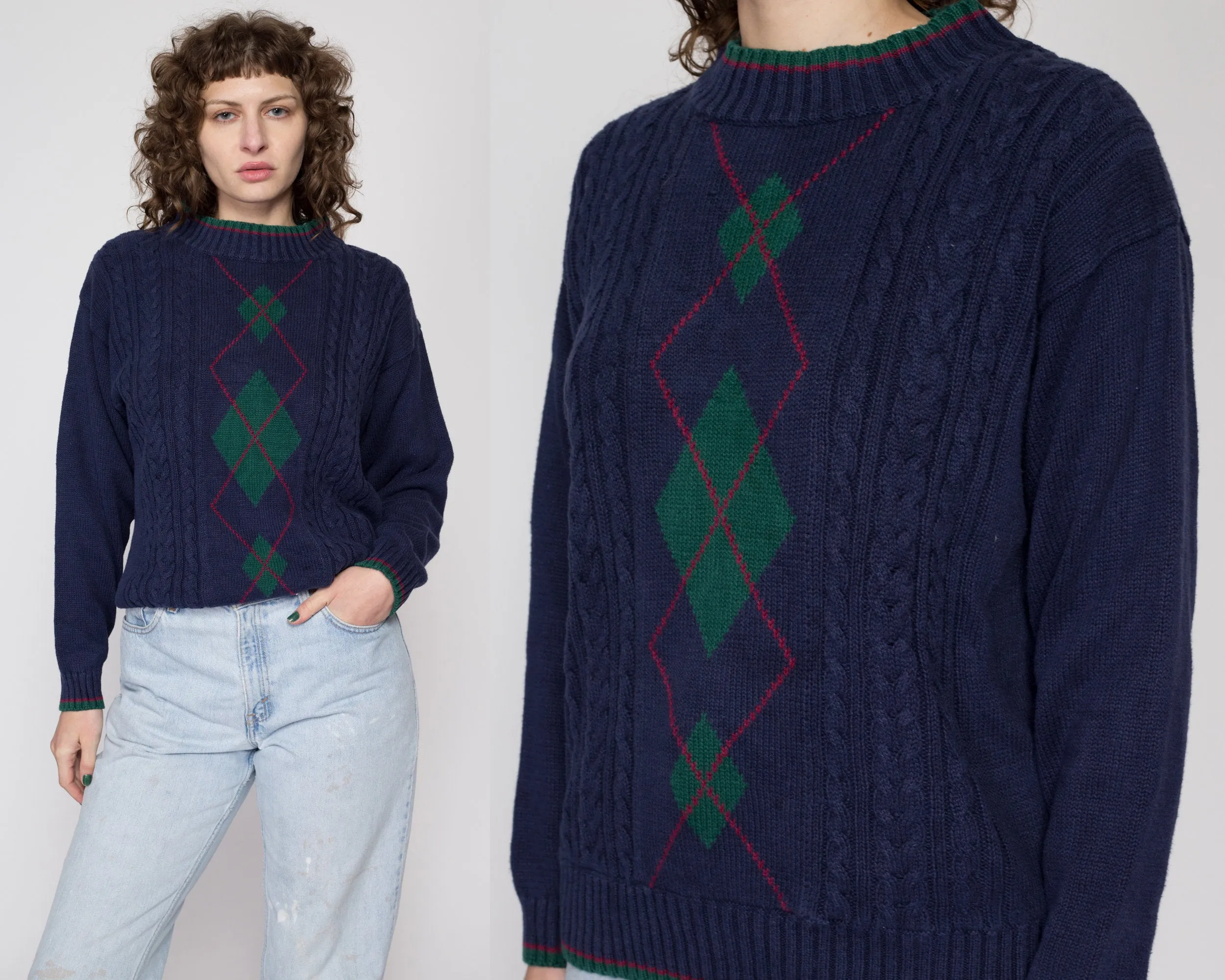 Medium 80s Jantzen Navy Blue Argyle Cable Knit Sweater