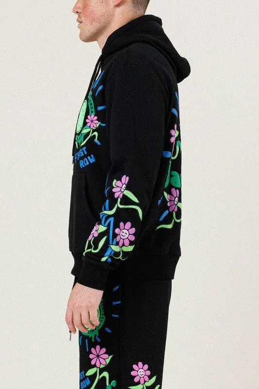 Mens Black Flower Graphic Terry Pullover Shirt