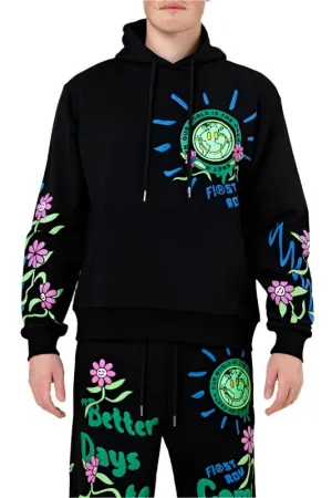 Mens Black Flower Graphic Terry Pullover Shirt