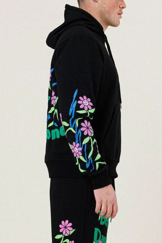 Mens Black Flower Graphic Terry Pullover Shirt