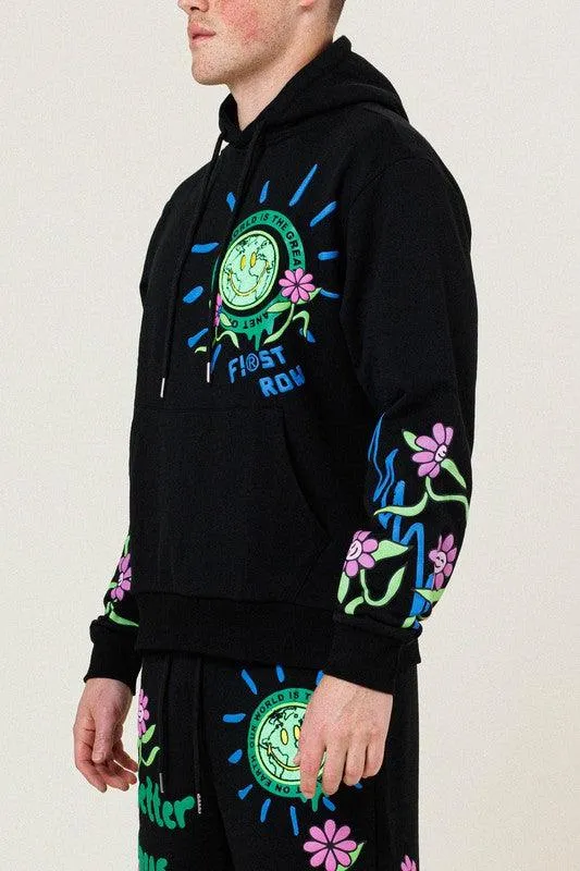 Mens Black Flower Graphic Terry Pullover Shirt