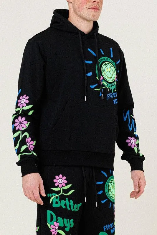 Mens Black Flower Graphic Terry Pullover Shirt