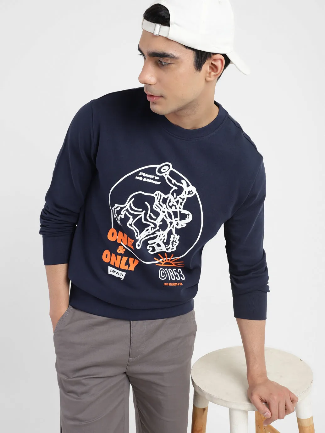 Men's Graphic Print Crew Neck Sweatshirt Navy