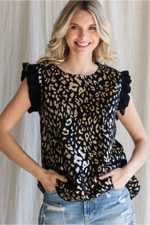 Metallic Leopard Print Knit Top W/ Stretch Neck, Solid Knit Frilled Shoulders