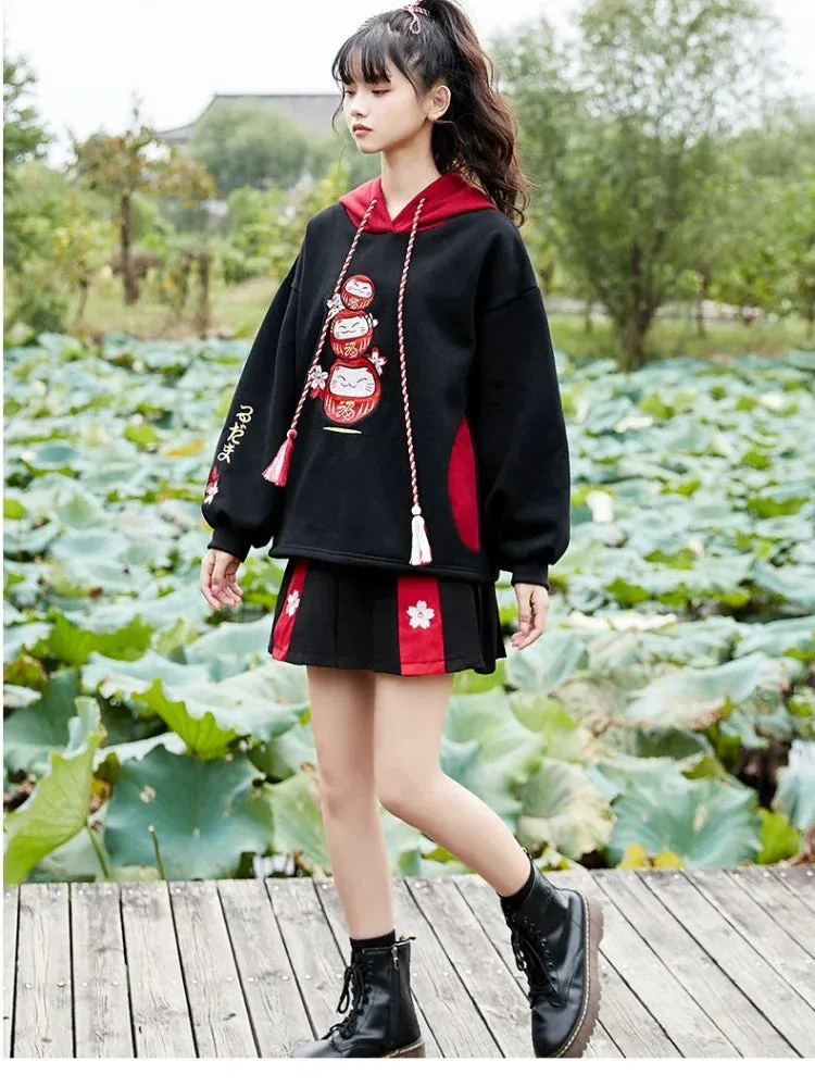 Metaversmall Black Fleece Hooded Sweatshirt Harajuku Chinese Embroidery Oversize Pullover Hoodies Women Winter Sweet Style Female Top