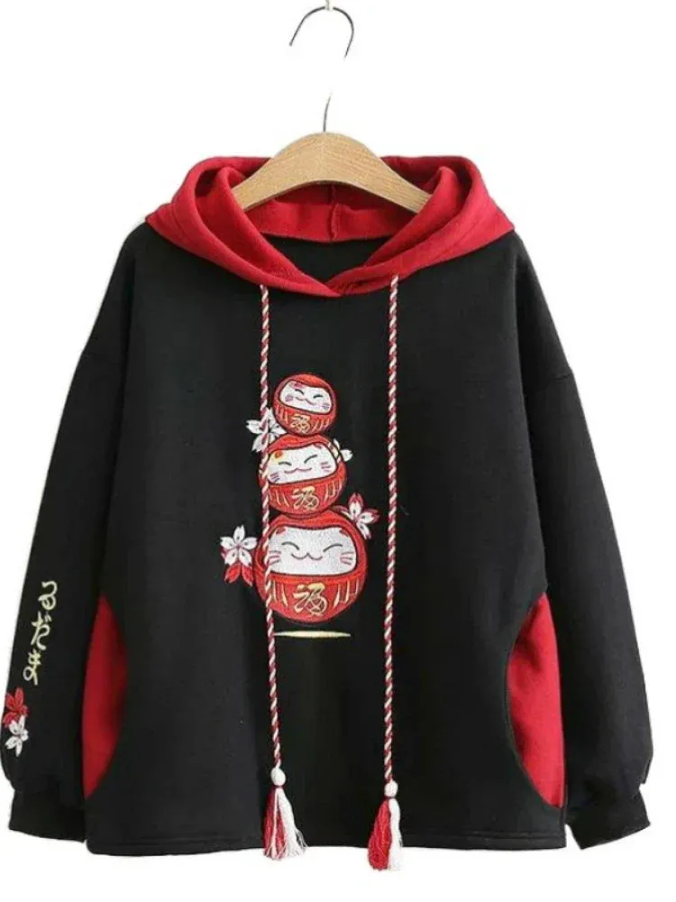 Metaversmall Black Fleece Hooded Sweatshirt Harajuku Chinese Embroidery Oversize Pullover Hoodies Women Winter Sweet Style Female Top