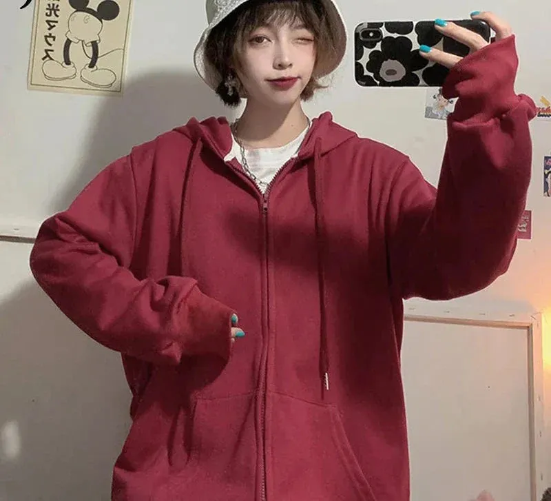 Metaversmall Brick Red Black Gray Hoodies Female Zip-up Tracksuit Autumn Harajuku Cool Street Fashion Women's Sweatshirt M-XXL