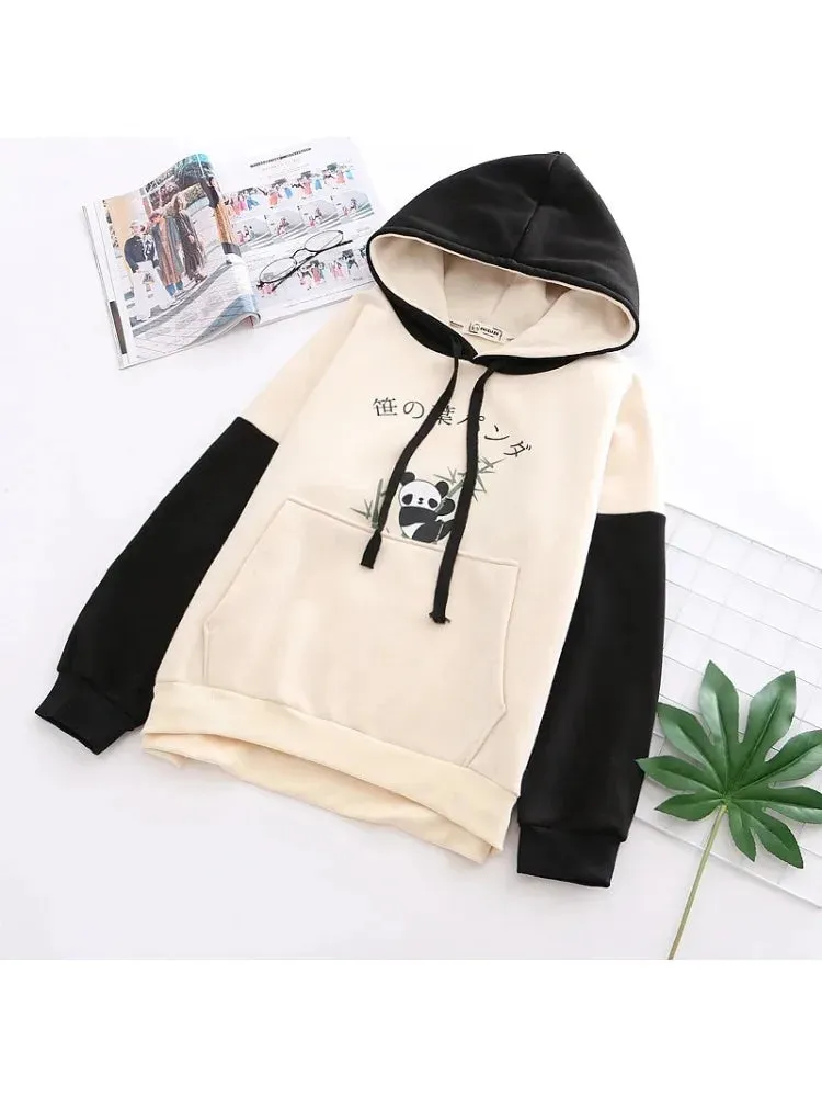 Metaversmall Panda Print Kawai Cute Women Hoodies Drawstring Cotton Hooded Sweatshirt Winter Sweet Style Long Sleeve Korean Ladies Tops