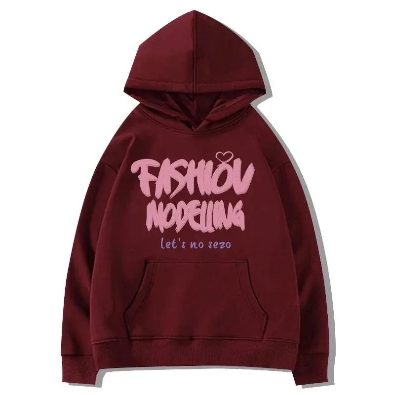 Metaversmall Pure Color Street Letter Printing Simple Women Hoodies Winter Chic Hooded Drawstring Fashion Pocket Casual Female Hoodies