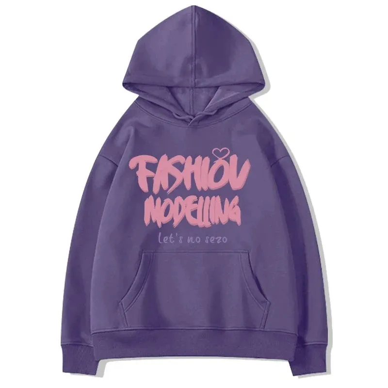 Metaversmall Pure Color Street Letter Printing Simple Women Hoodies Winter Chic Hooded Drawstring Fashion Pocket Casual Female Hoodies