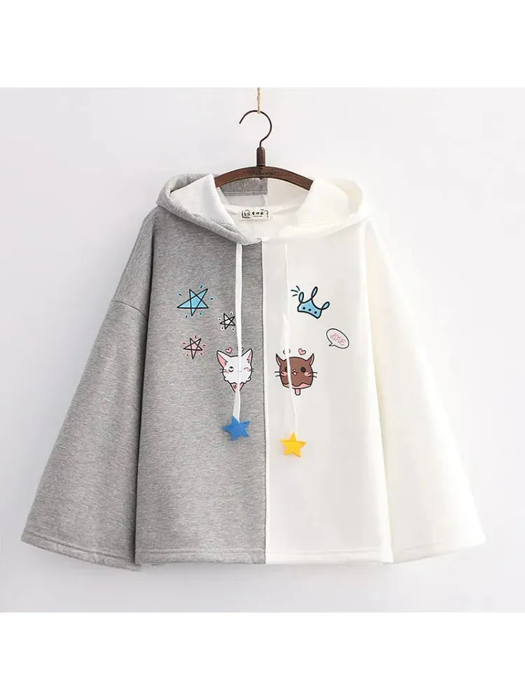 Metaversmall Winter Fashion Fleece Women Hoodies And Sweatshirts Sweet Style Cartoon Print Patchwork Long Sleeve Thick Hooded Pullover