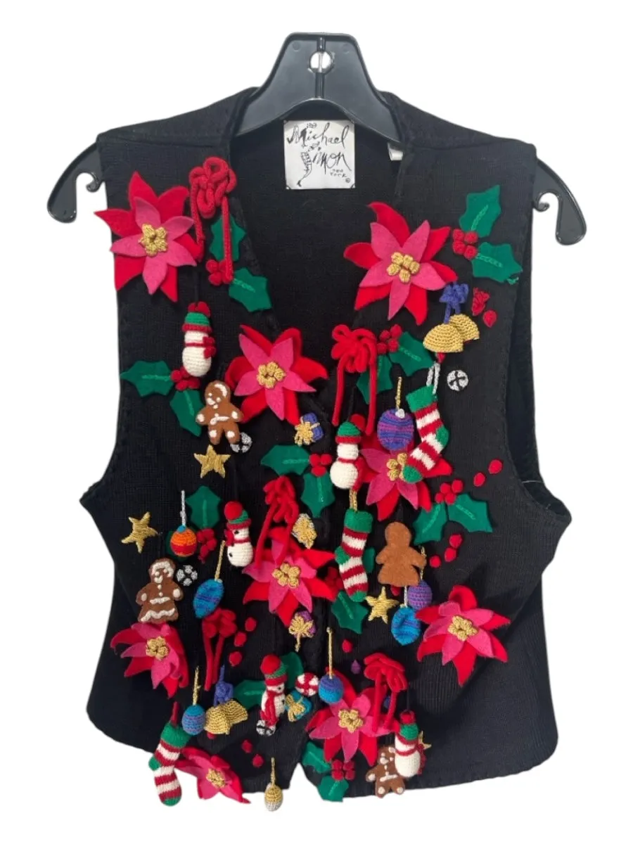 Michael Simon Size L Black, Red, Green Ramie & Cotton Knit Christmas Floral Vest