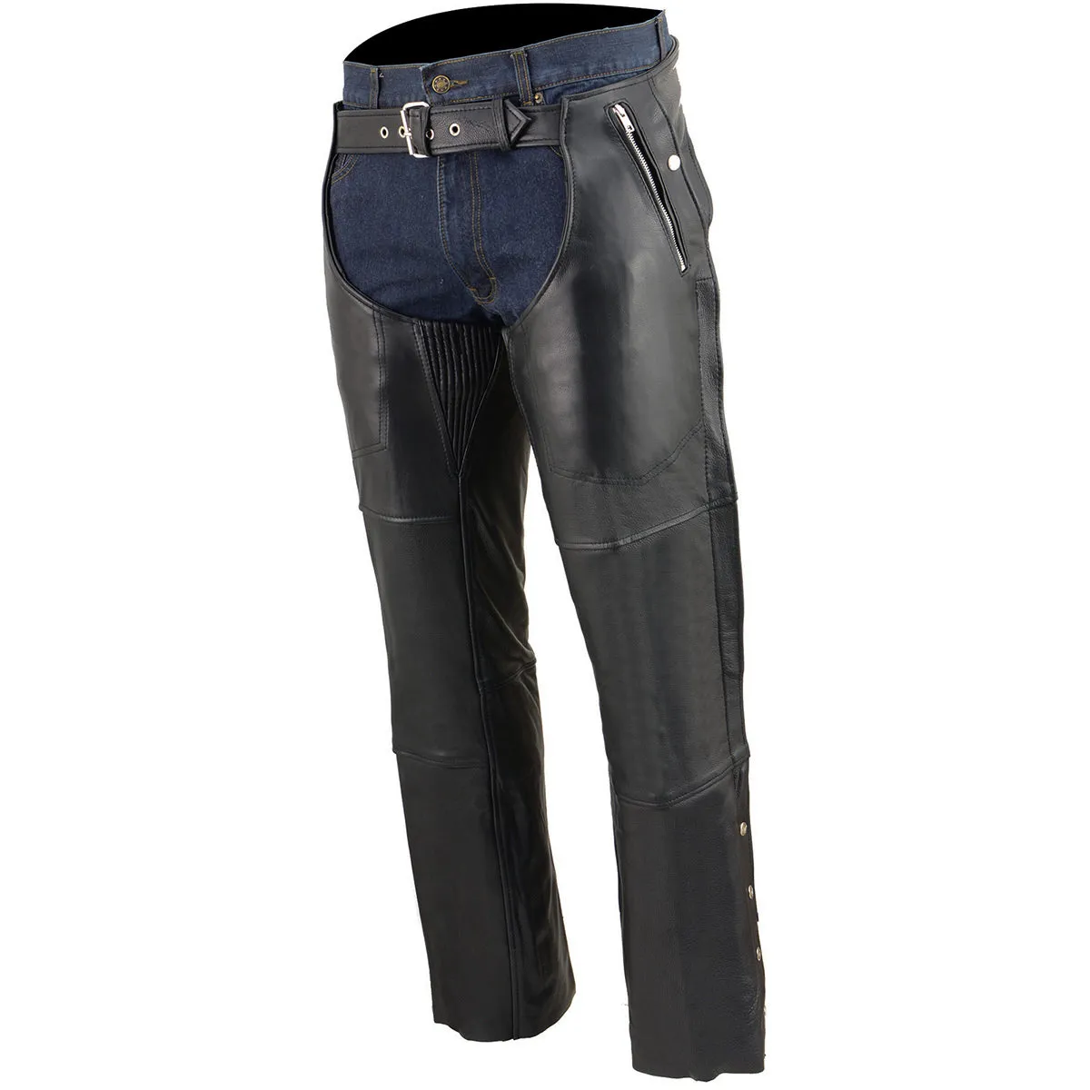 .ML1191 Chaps for Men's Black Naked Leather Snap Out Thermal Lined - Four Pockets Motorcycle Chap-