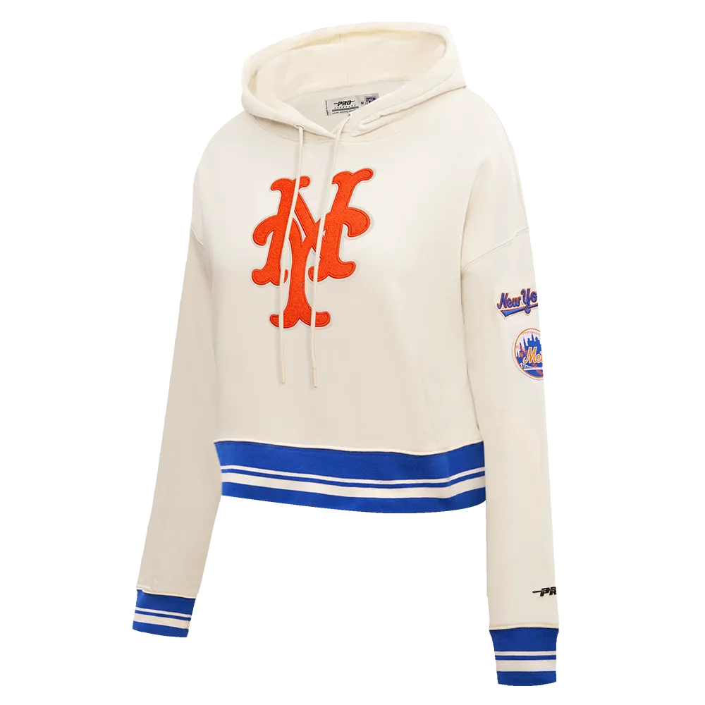 MLB NEW YORK METS RETRO CLASSIC WOMEN'S RIB CROPPED PO HOODIE (EGGSHELL/ROYAL BLUE)