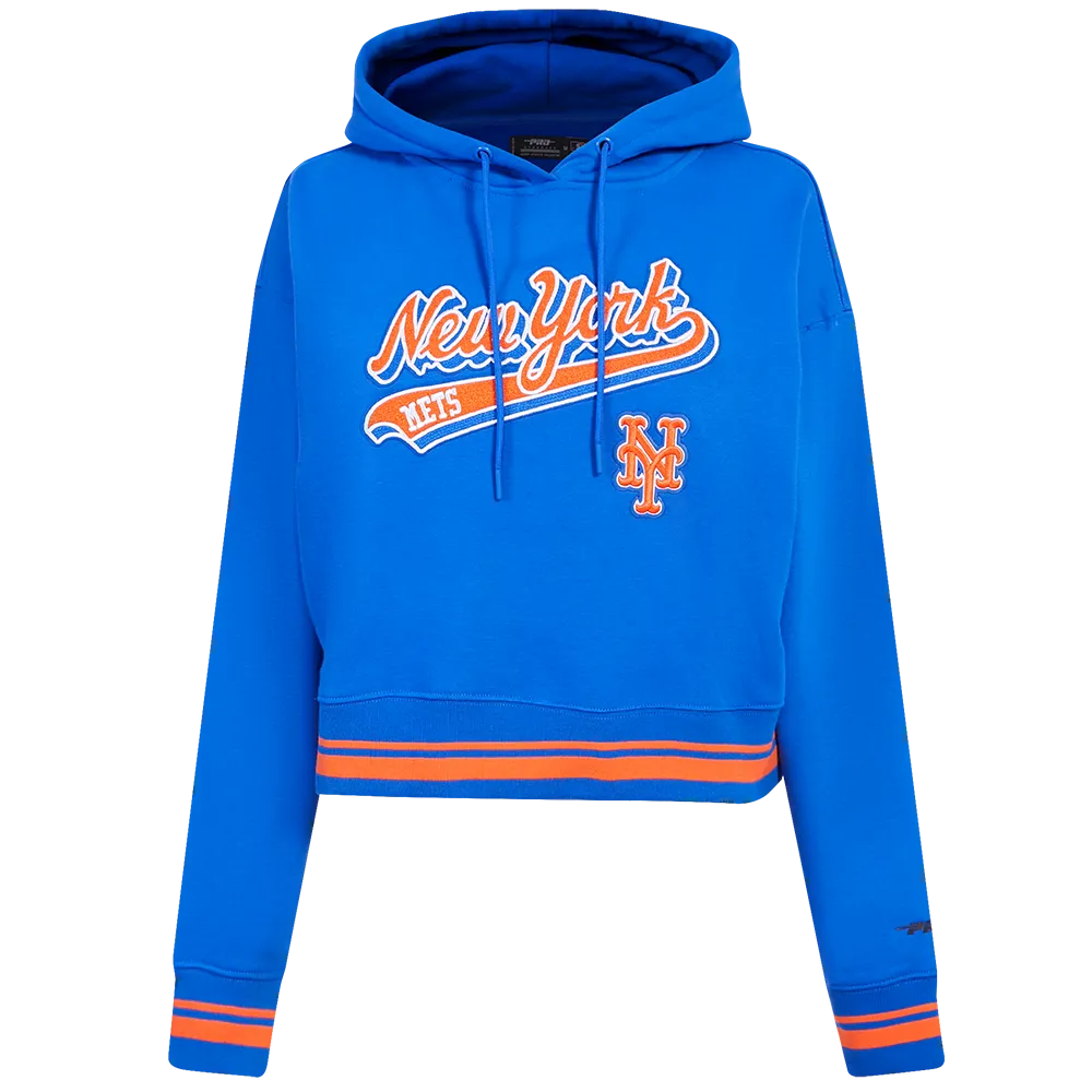 MLB NEW YORK METS SCRIPT TAIL WOMEN'S RIB FLC CROPPED PO HOODIE (ROYAL/ORANGE/ROYAL)