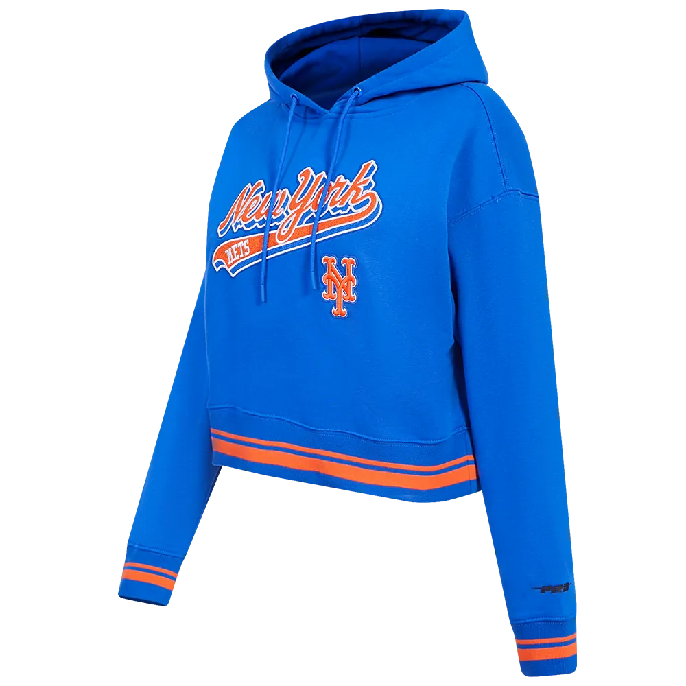 MLB NEW YORK METS SCRIPT TAIL WOMEN'S RIB FLC CROPPED PO HOODIE (ROYAL/ORANGE/ROYAL)