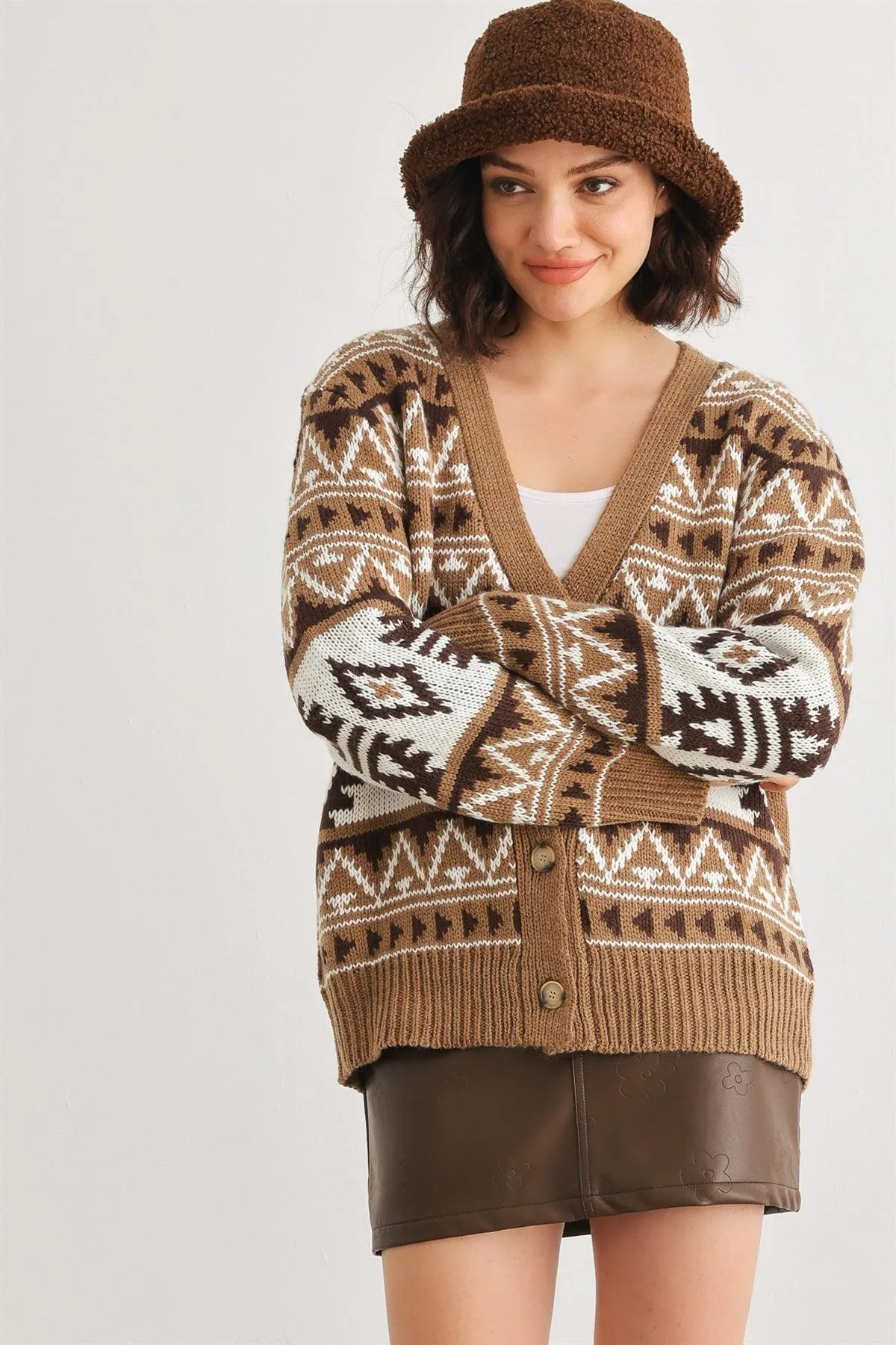 Mocha Fair Isle Knit Button-Up Long Sleeve Cardigan Sweater /2-2-2