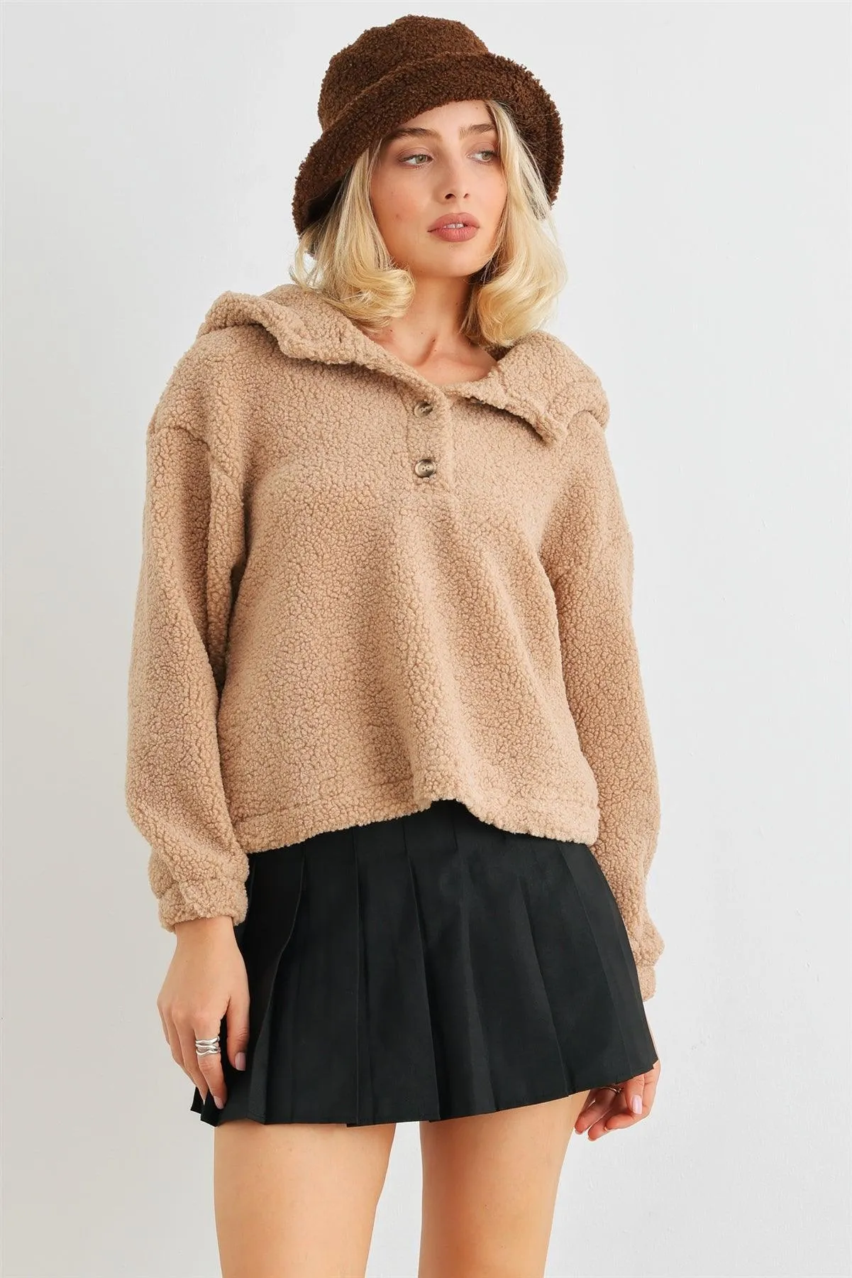 Mocha Teddy Knit Button-Up Two Pocket Hooded Sweater /1-2-2