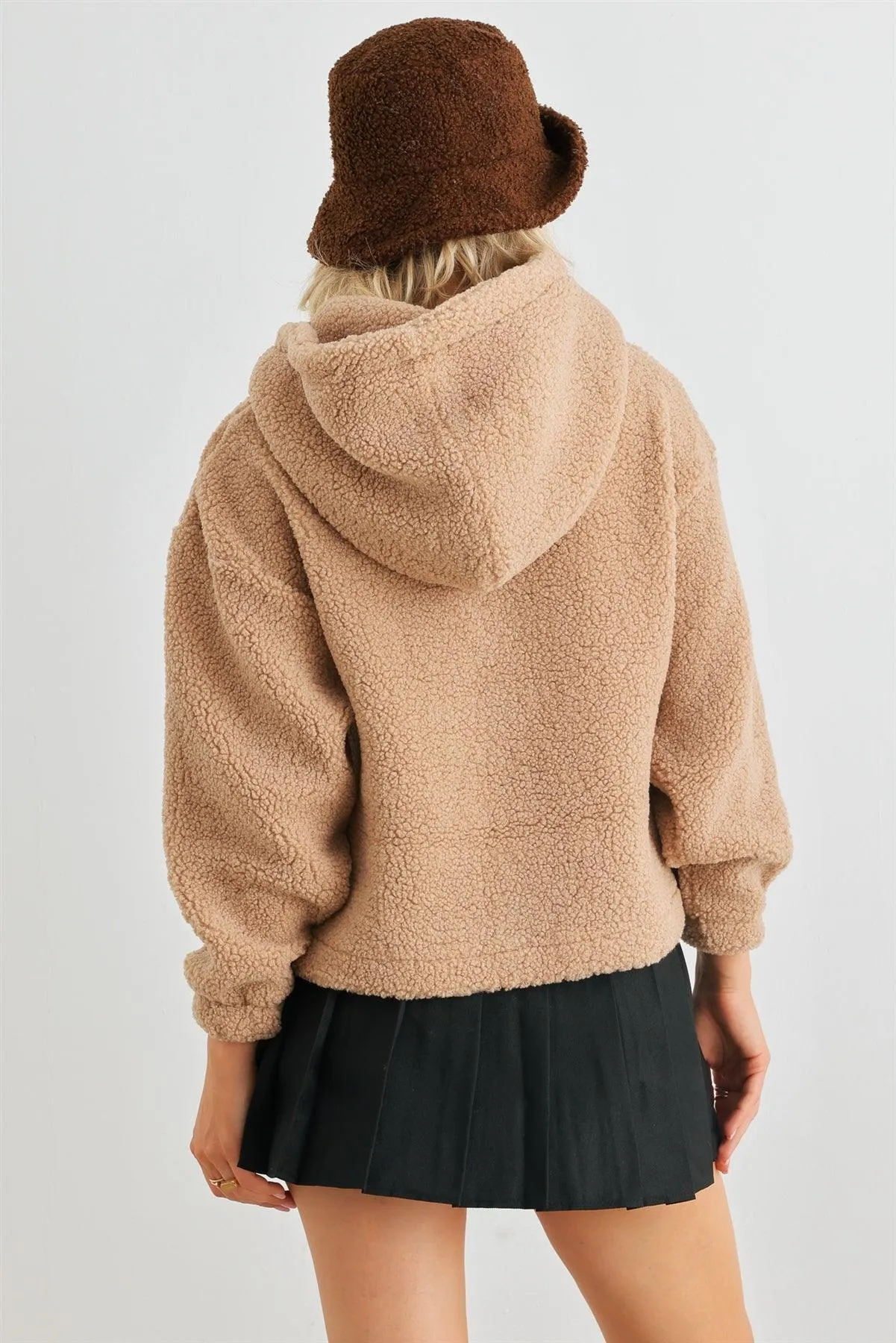 Mocha Teddy Knit Button-Up Two Pocket Hooded Sweater /1-2-2