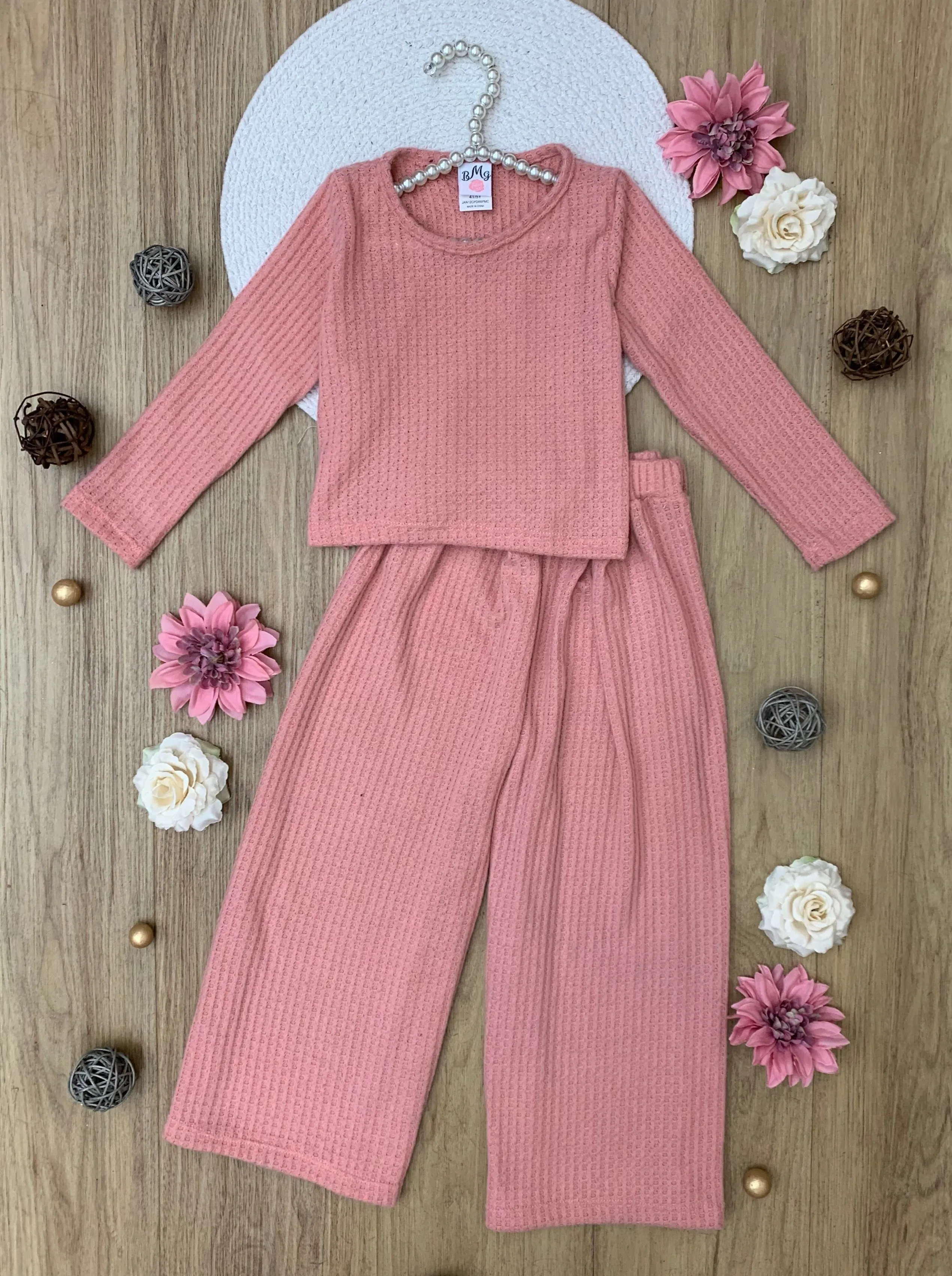 Mommy And Me Chic Pink Waffle Knit Pant Set