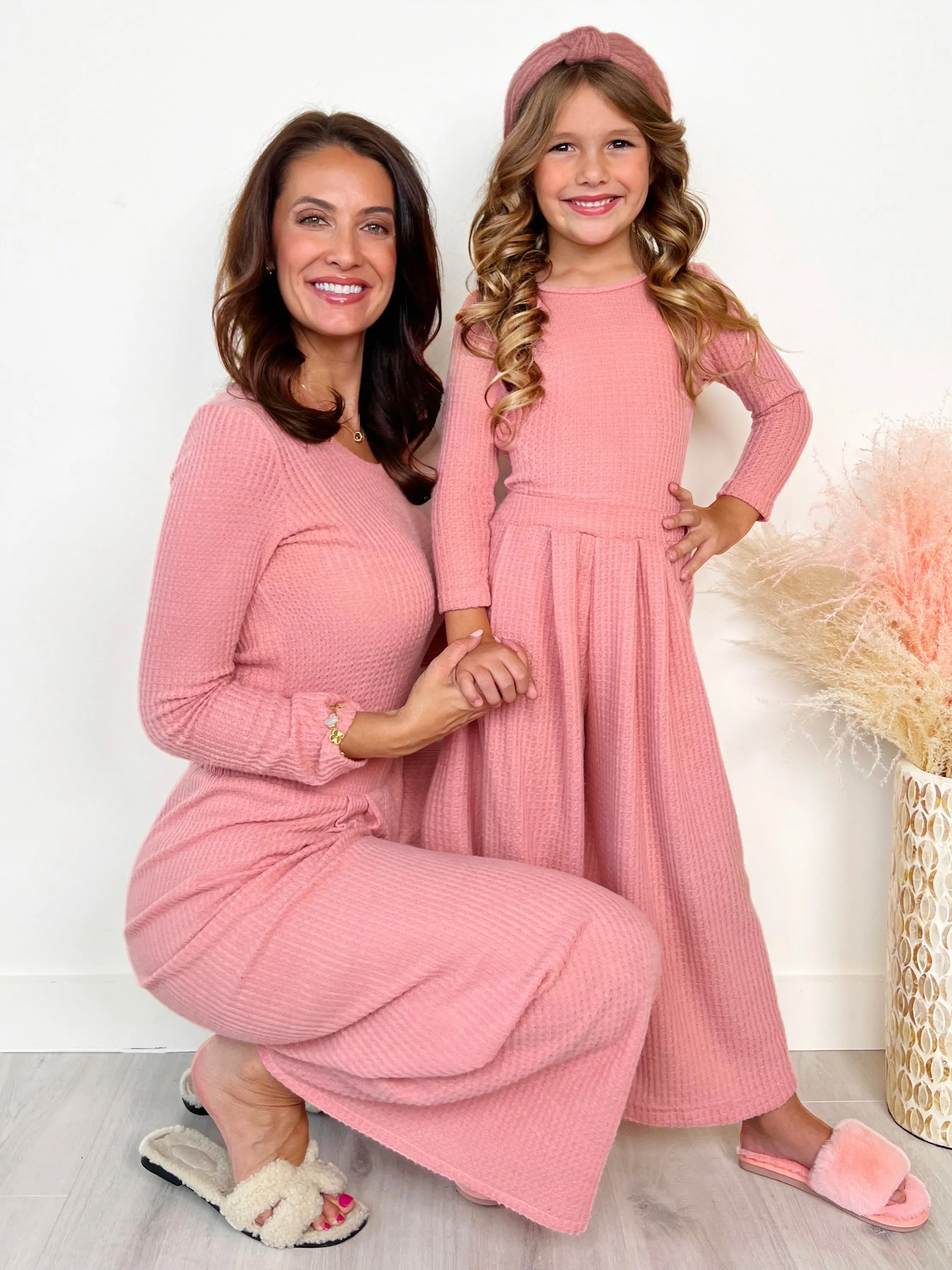 Mommy And Me Chic Pink Waffle Knit Pant Set