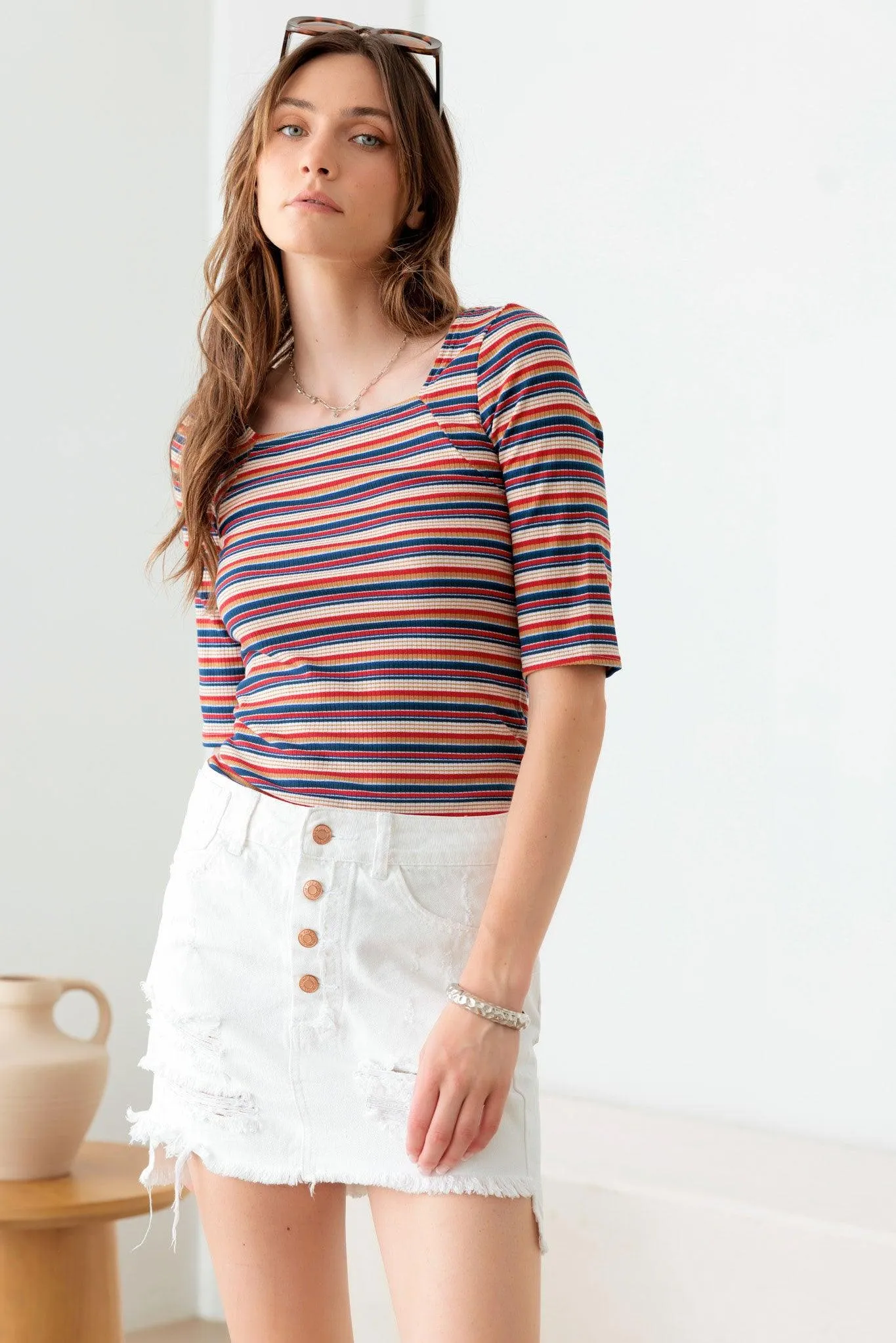 Multi Color Striped Square Neckline Rib Knit Top