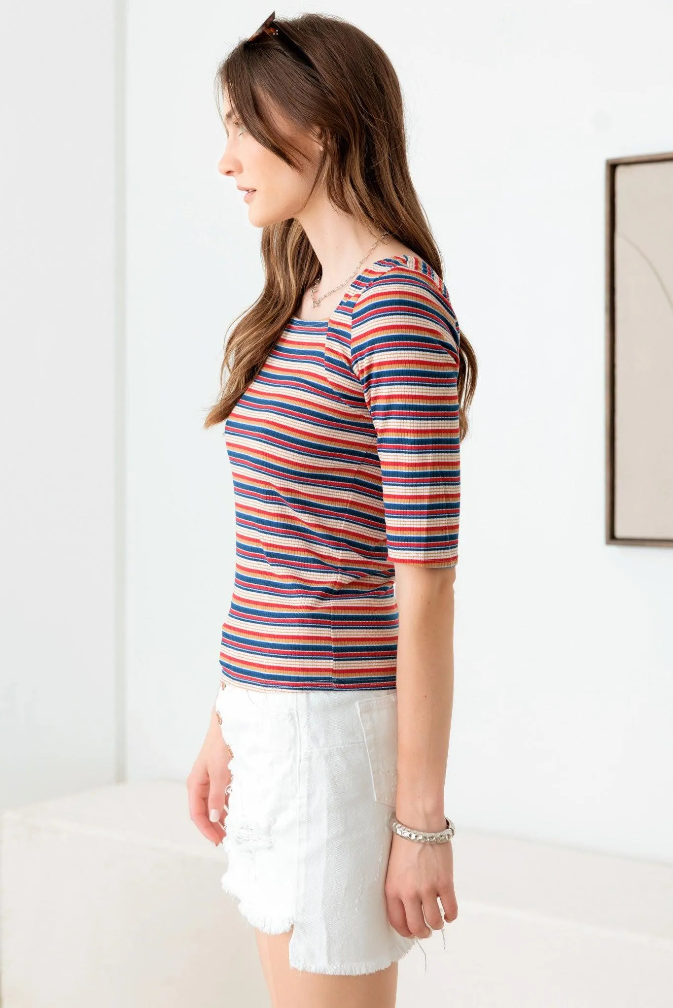 Multi Color Striped Square Neckline Rib Knit Top