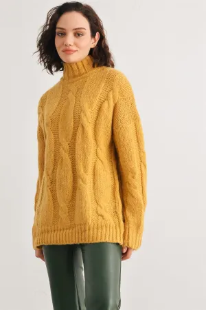 Mustard Cable Knit Turtle Neck Long Sleeve Sweater /2-2-2