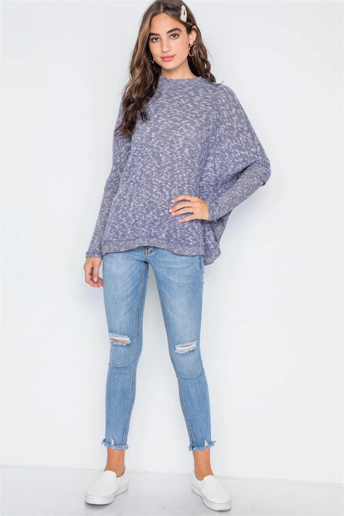 Navy Heathered Dolman Sleeves Knit Top