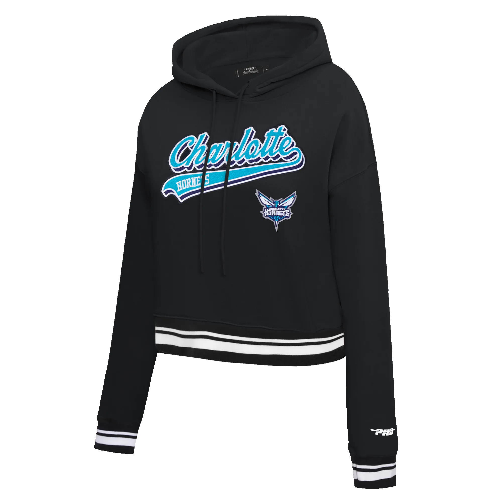 NBA CHARLOTTE HORNETS SCRIPT TAIL WOMEN'S RIB FLC CROPPED PO HOODIE (BLACK)