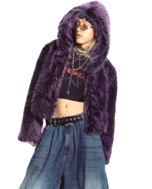 Neon faux fur hooded jacket purple cropped luminous bomber fuzzy rave coat burning man pullover