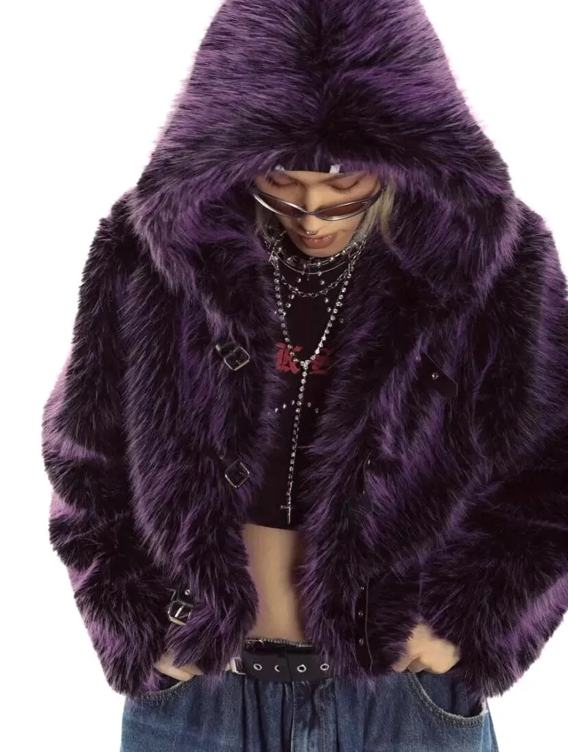 Neon faux fur hooded jacket purple cropped luminous bomber fuzzy rave coat burning man pullover