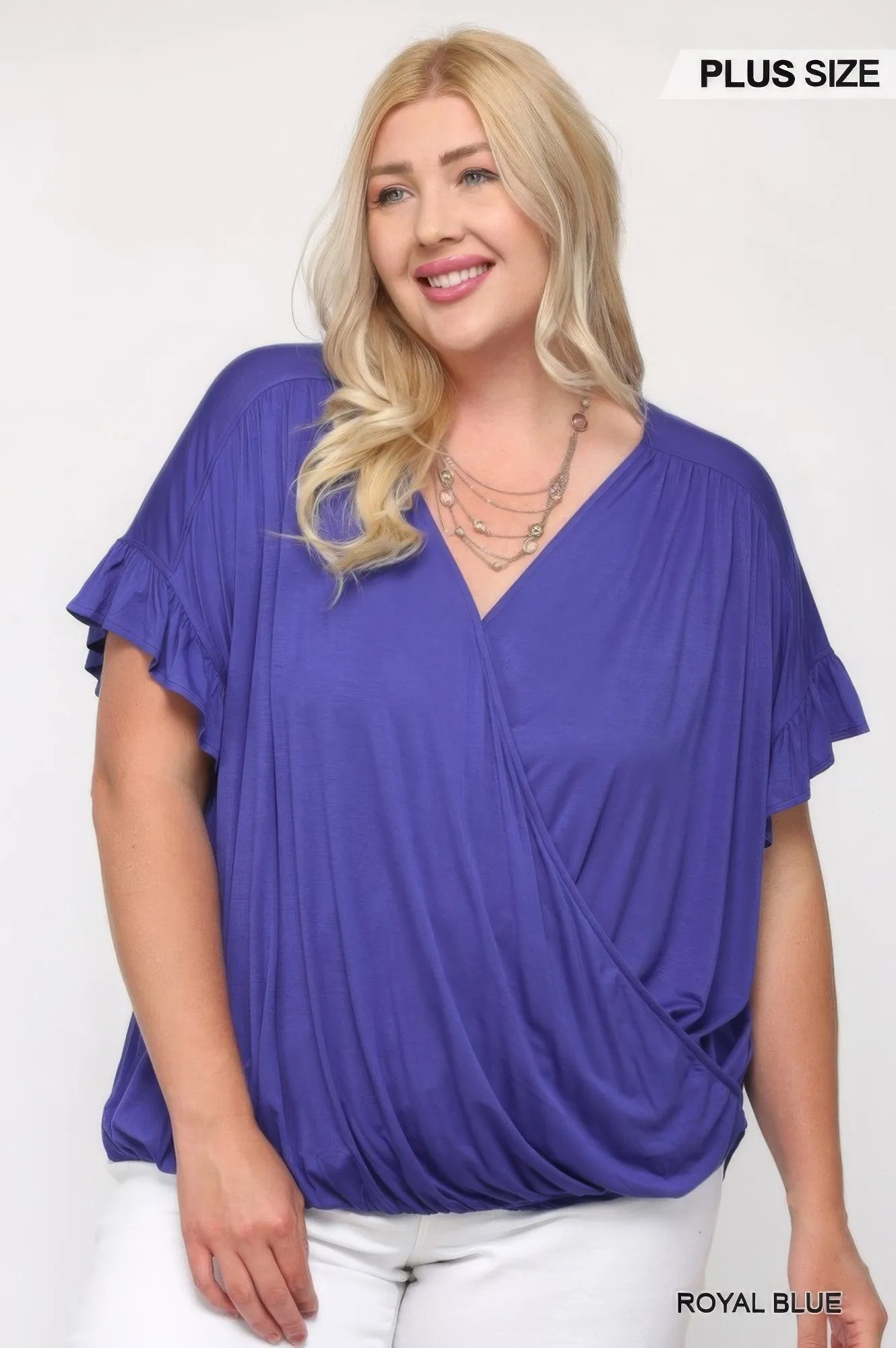 NicholesGifts Plus Size Women Solid Purple Knit Surplice Top With Ruffle Sleeve