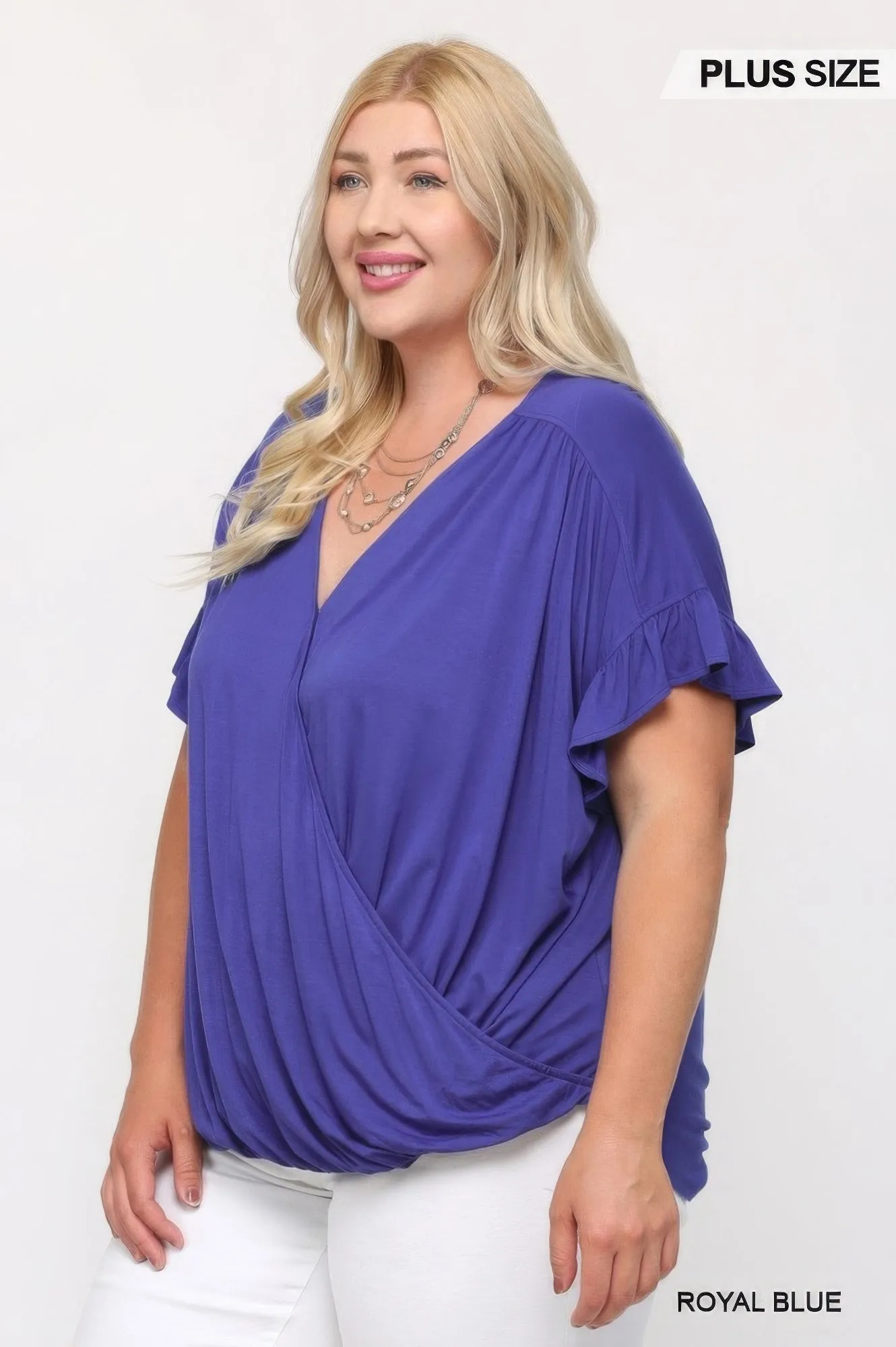 NicholesGifts Plus Size Women Solid Purple Knit Surplice Top With Ruffle Sleeve