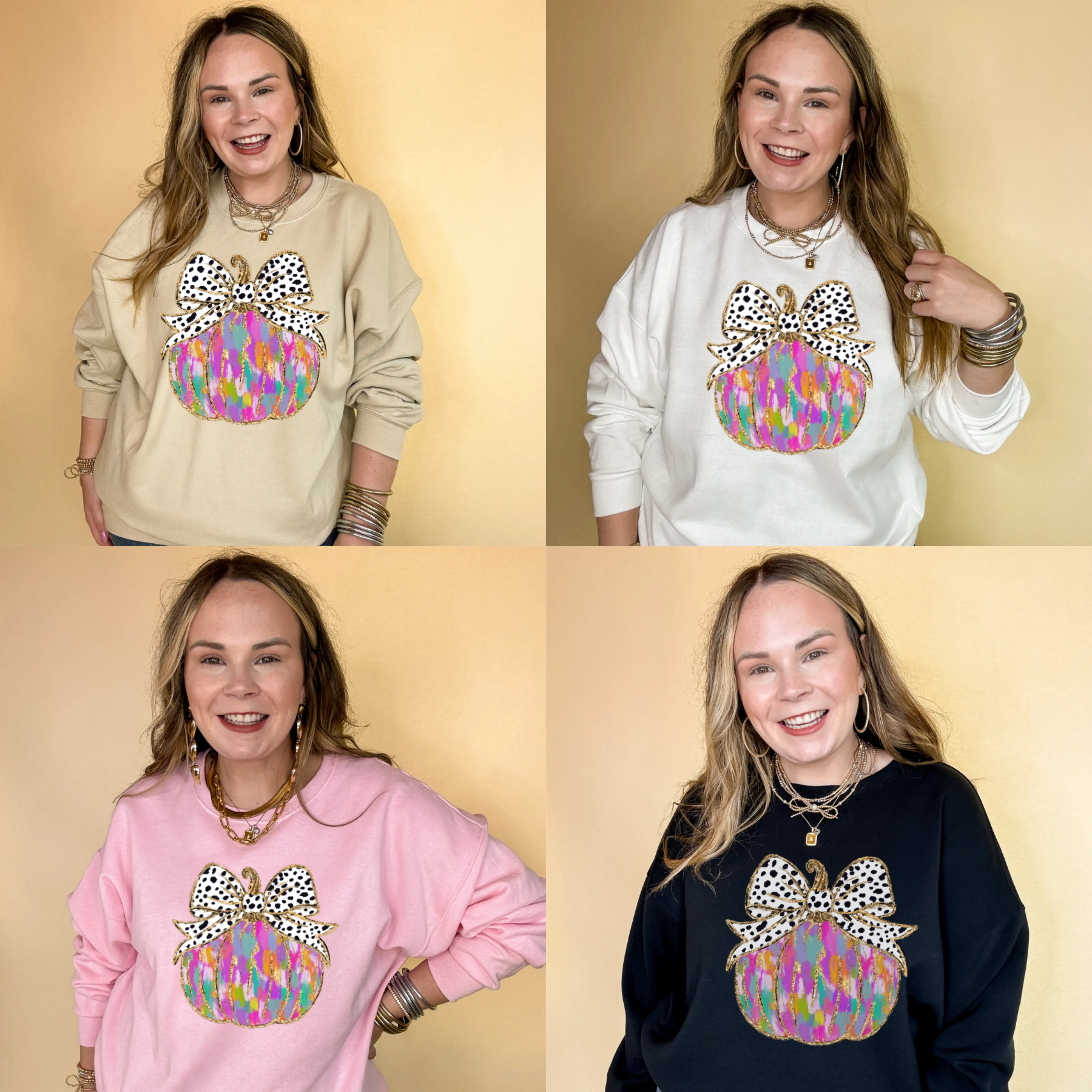 Online Exclusive | Coquette Multi Colored Pumpkin with Spotted Bow and Gold Detailing Graphic Sweatshirt in Multiple Color Options