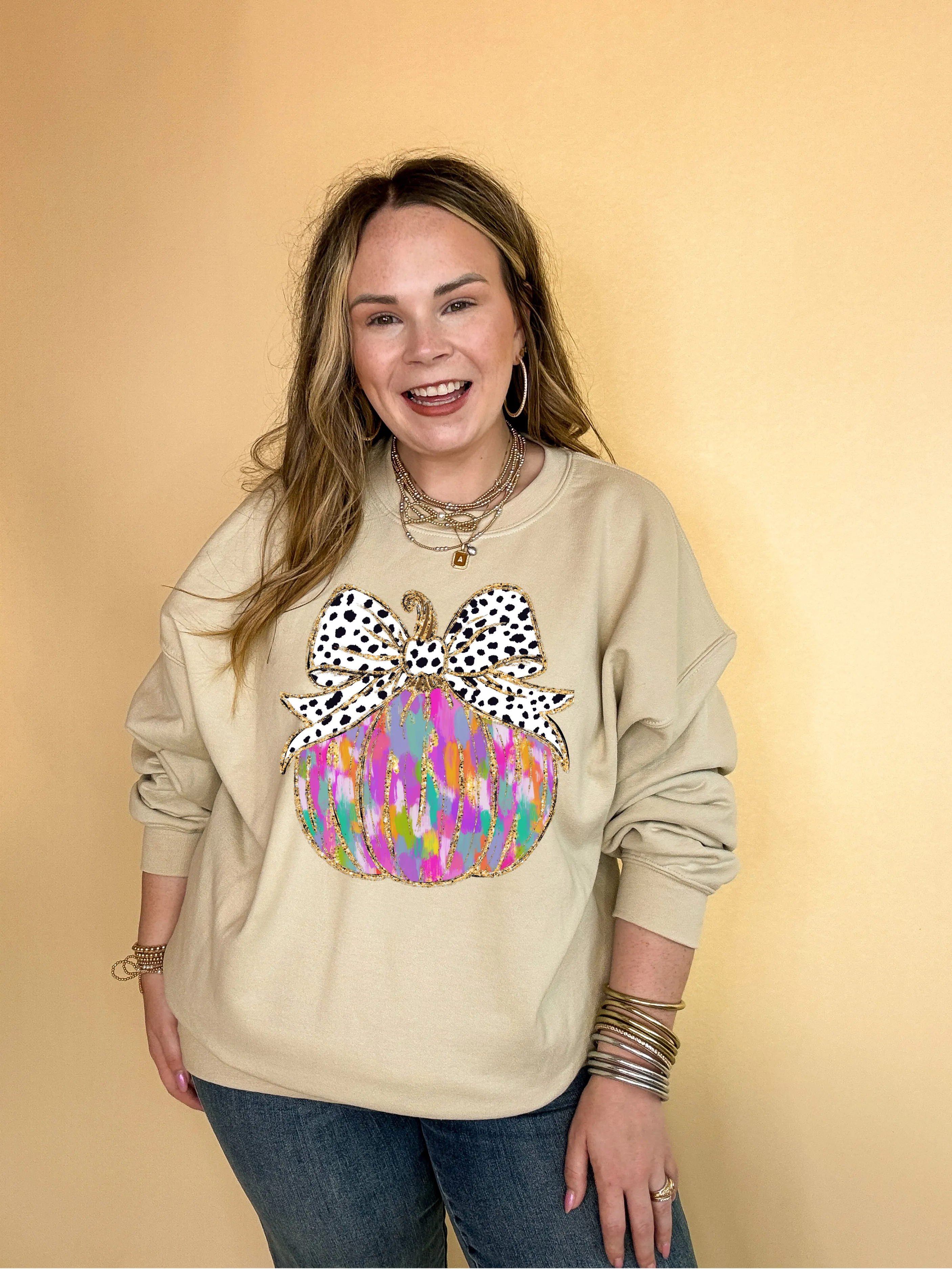 Online Exclusive | Coquette Multi Colored Pumpkin with Spotted Bow and Gold Detailing Graphic Sweatshirt in Multiple Color Options