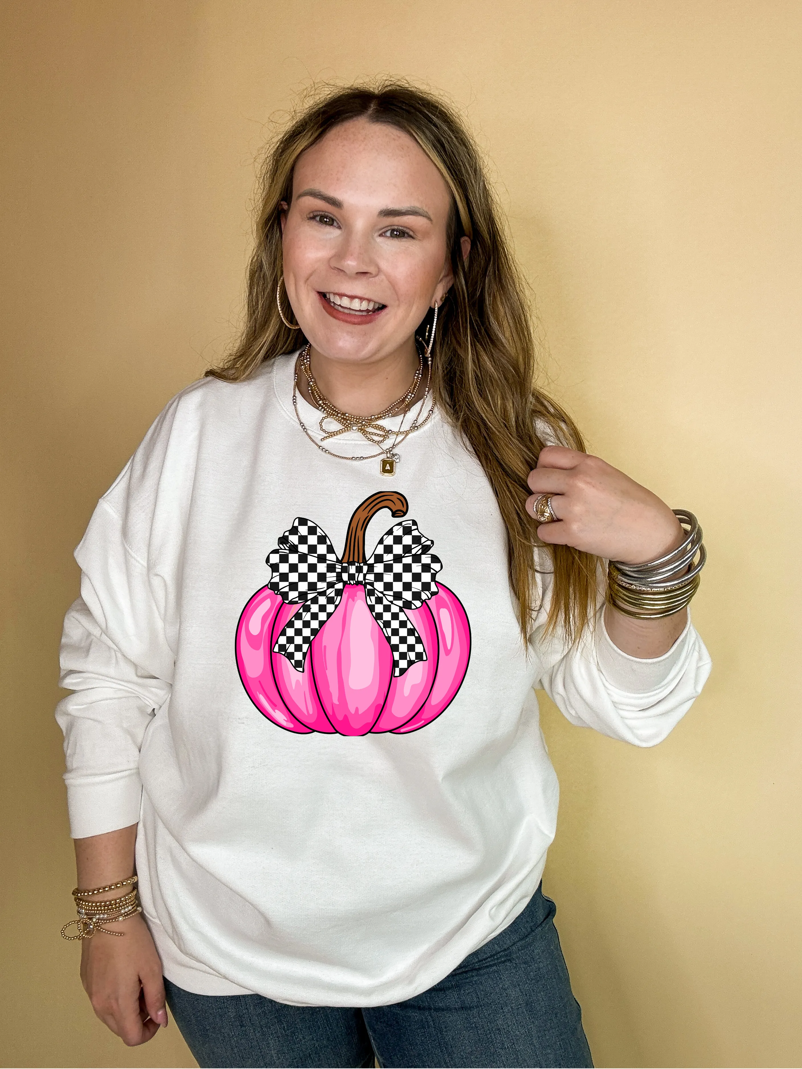 Online Exclusive | Pretty in Pink Hot Pink Pumpkin with Checkered Bow Graphic Sweatshirt in Multiple Color Options