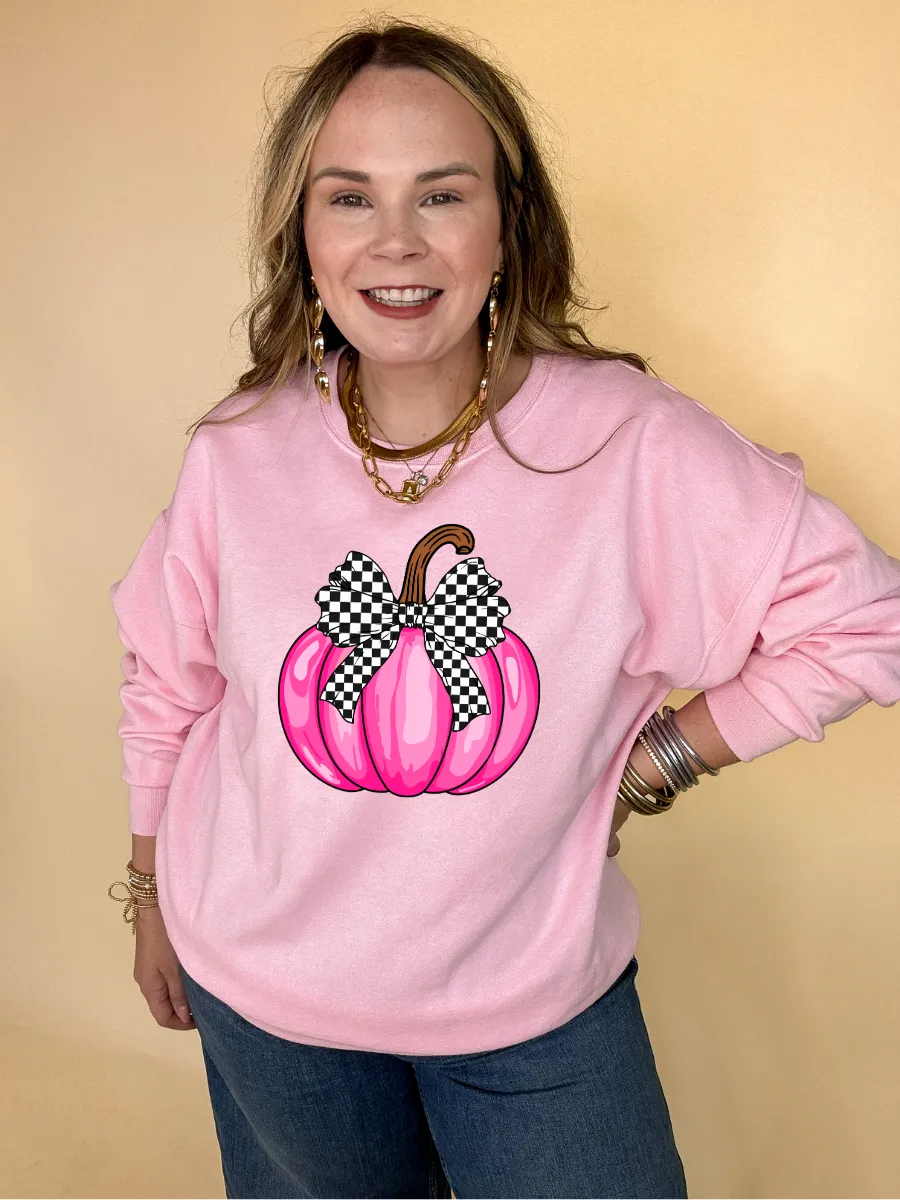 Online Exclusive | Pretty in Pink Hot Pink Pumpkin with Checkered Bow Graphic Sweatshirt in Multiple Color Options