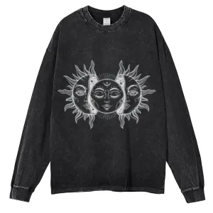 Oversized Vintage Washed Sun and Moon Graphic Sweatshirt