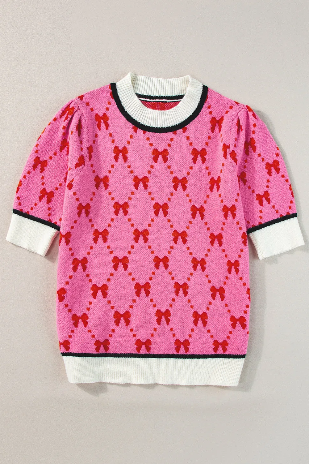 Pink Bow Print Short Sleeve Knit top